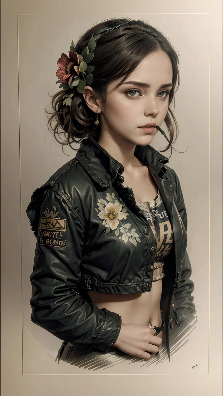 Charlie Bowater realistic Lithography sketch portrait of a female, flowers, [gear], pipe, diesel punk, multi-colored ribbons, old paper texture, very detailed