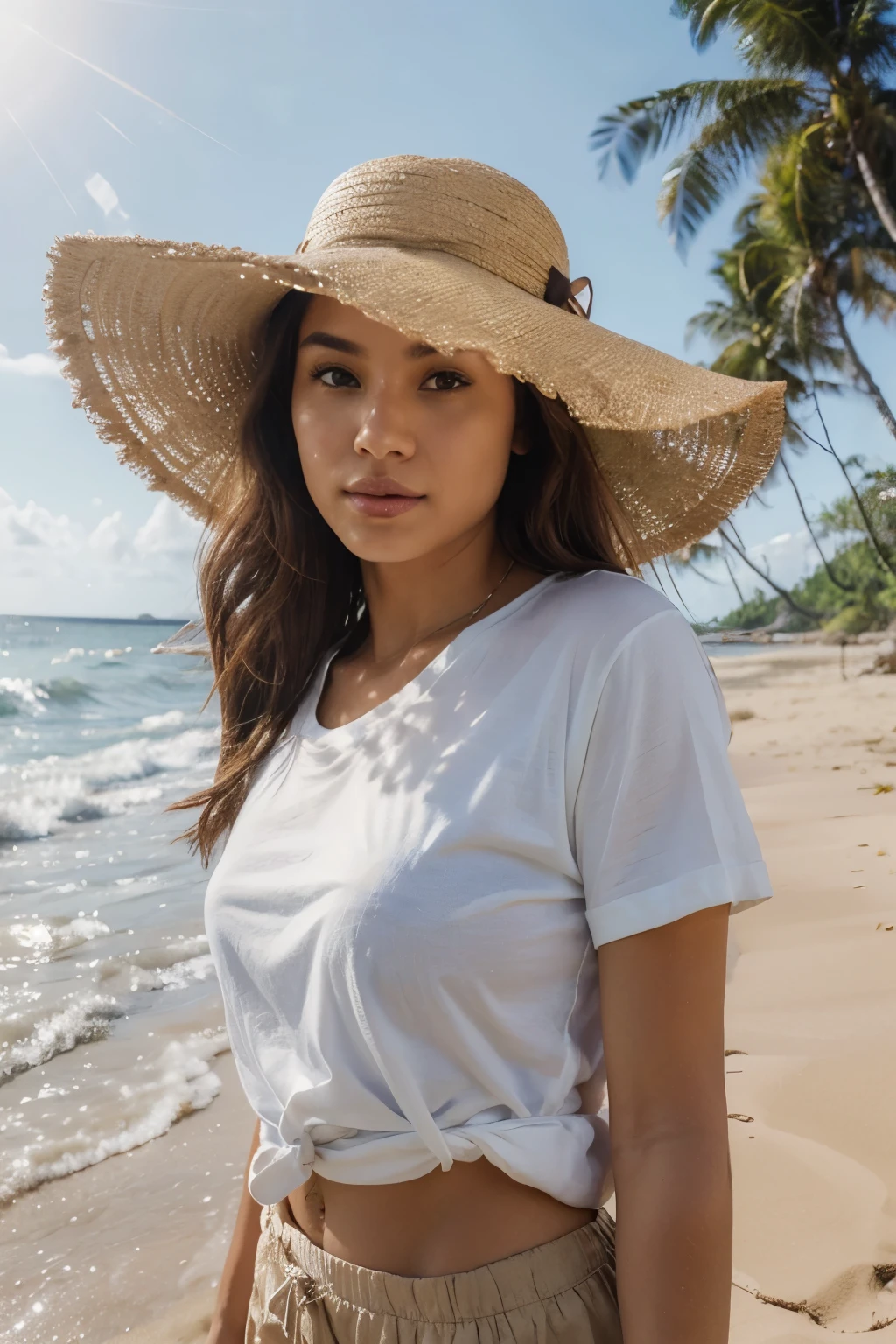 ((best quality)), ((masterpiece)), ((high res)), ((perfect photograph)), ((realistic)), (perfect face), beautiful Polynesian woman, on beach, walking towards camera on beach, wearing a long white t-shirt, happy, wearing sunhat, light shining on shirt, knot on shirt to the side