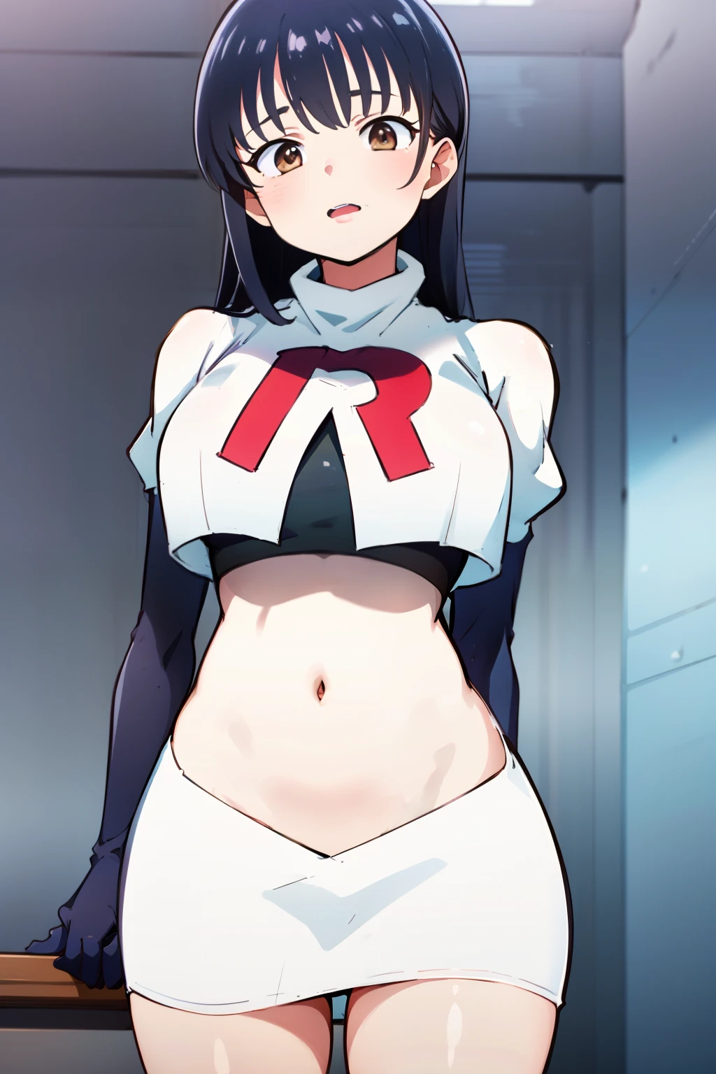 (masterpiece, best quality, ultra-detailed), 1girl, AnnaYamada, blue hair, brown eyes, looking at viewer, team rocket,team rocket uniform,white skirt,crop top,black thigh-highs,black elbow gloves,