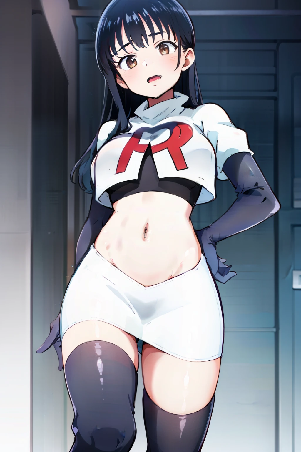 (masterpiece, best quality, ultra-detailed), 1girl, AnnaYamada, blue hair, brown eyes, looking at viewer, team rocket,team rocket uniform,white skirt,crop top,black thigh-highs,black elbow gloves,