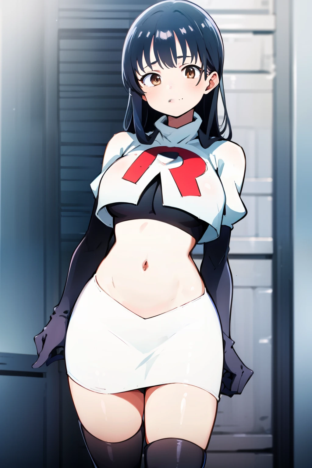 (masterpiece, best quality, ultra-detailed), 1girl, AnnaYamada, blue hair, brown eyes, looking at viewer, team rocket,team rocket uniform,white skirt,crop top,black thigh-highs,black elbow gloves,