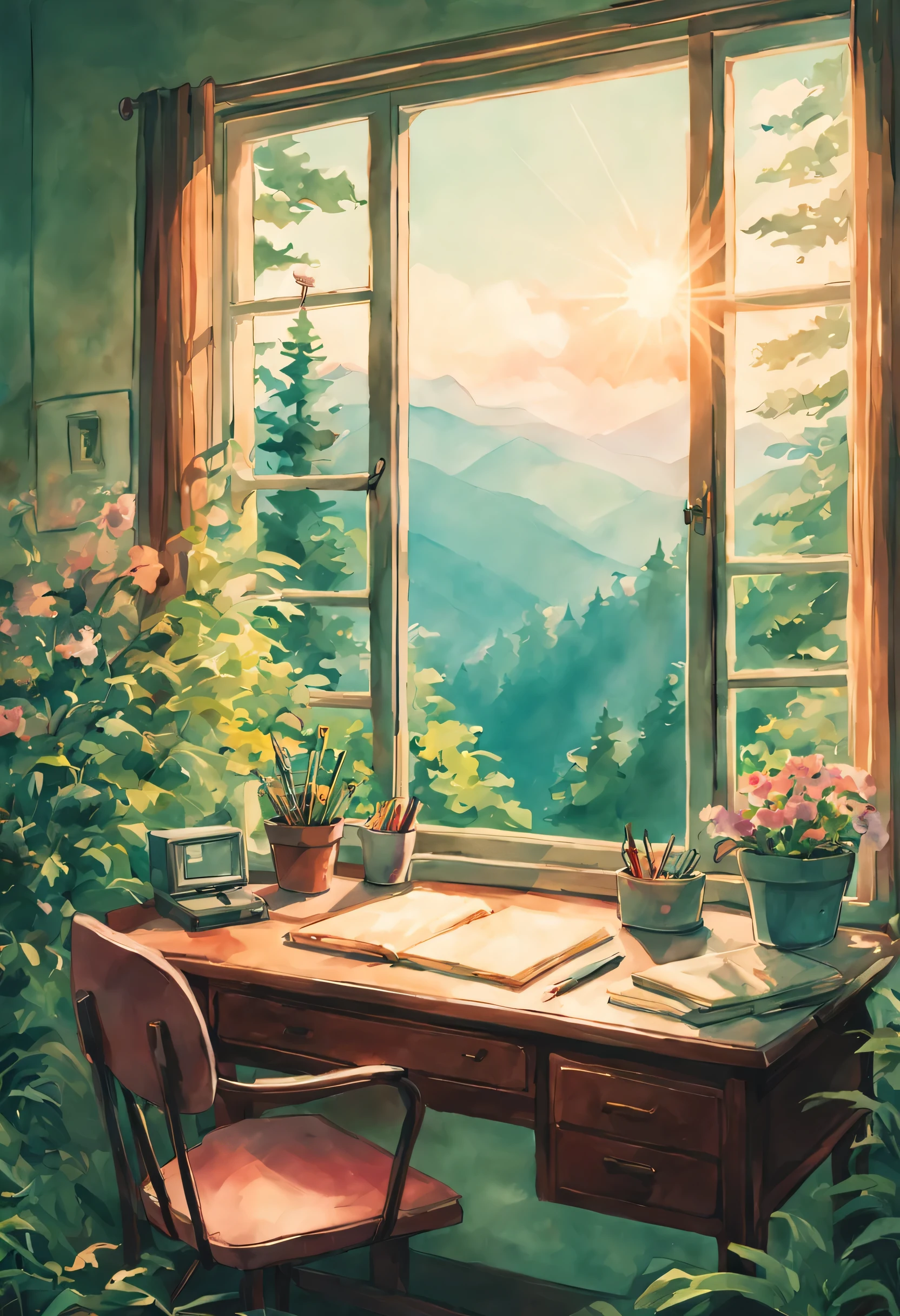 Soft color, studio ghibli, ghibli style, soft tone, lense flare, 90s film style, desk, flower pot, journal, pen. window, forest, hills, Kodak, film grains, hue, anime, Cinematic, high detail, film grain, Fujicolor, UHD, retina, masterpiece, super detail, high details, best quality, 8k, 4K