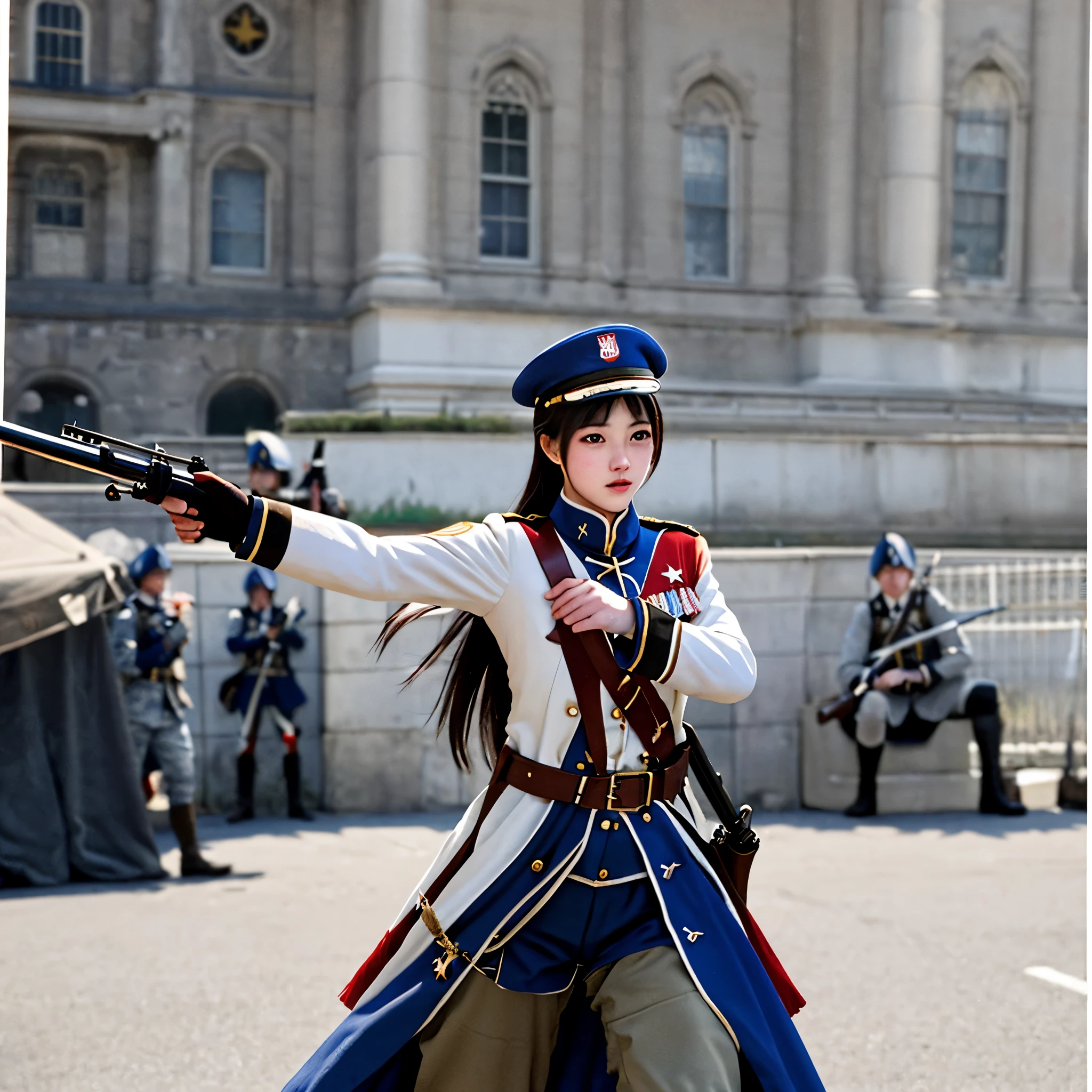 A young woman (age 20) is dressed as a United States soldier during the revolutionary war, she wields her musket in an action pose, use soft color tones