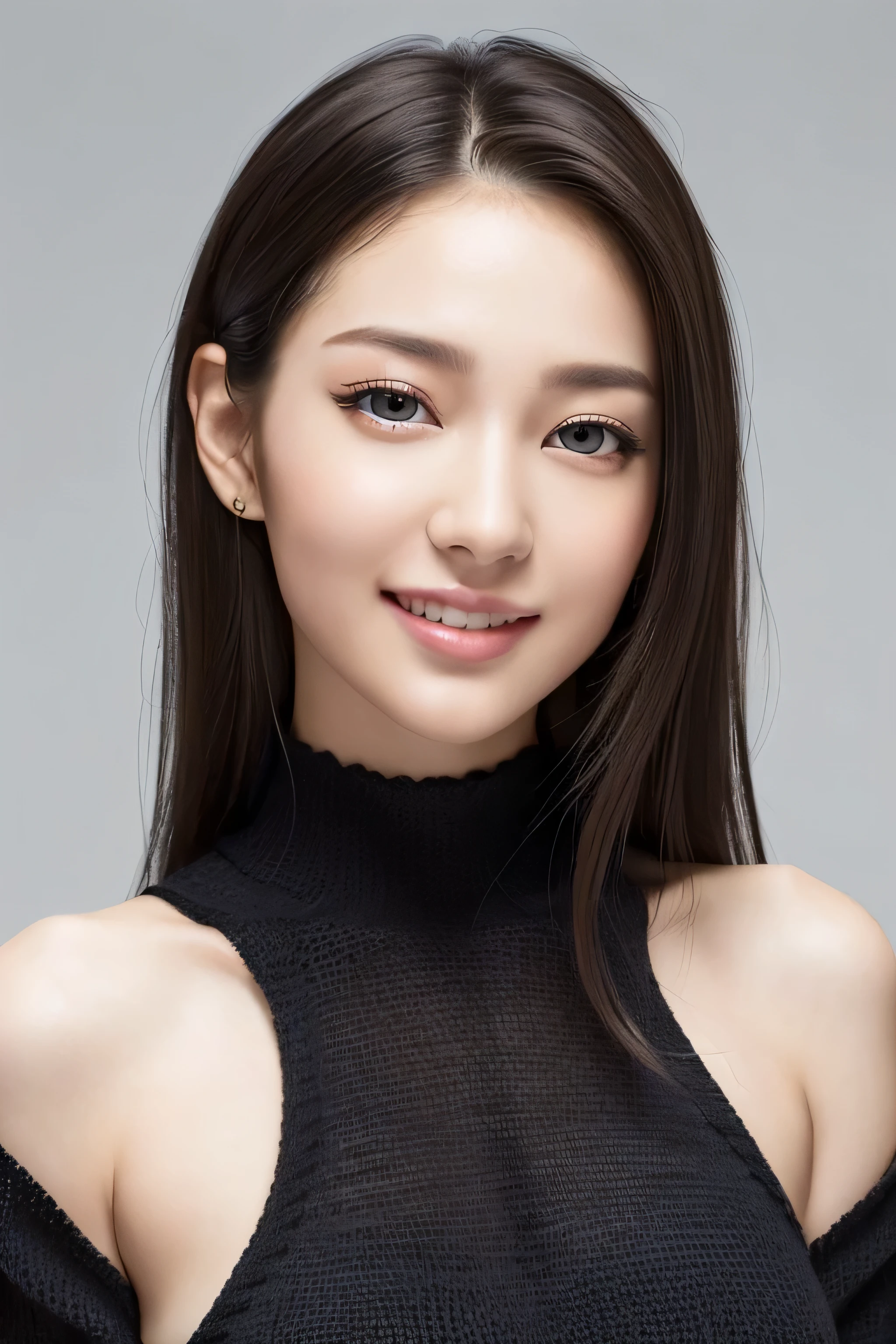 (Best Quality, Masterpiece, Ultra High Definition, High resolution, highly detailed, High Definition Face, clear pictures, HDR:1.5), (20-year-old woman:1.3), (Full body shot, eyes be visually in focus:1.4), (film photography style:1.5), (tight black knitted casual dress:1.5), (Slim Big Breasts, huge Breasts:1.2), (Glossy, highly fine breasts, shiny skin), highly detailed facial and skin texture, (beautiful eyes, light in the eyes, detailed eyes), Very smile, The facial features are clear, white skin, very Fair skin, beautiful legs, violently fluttering hair, very smile, 