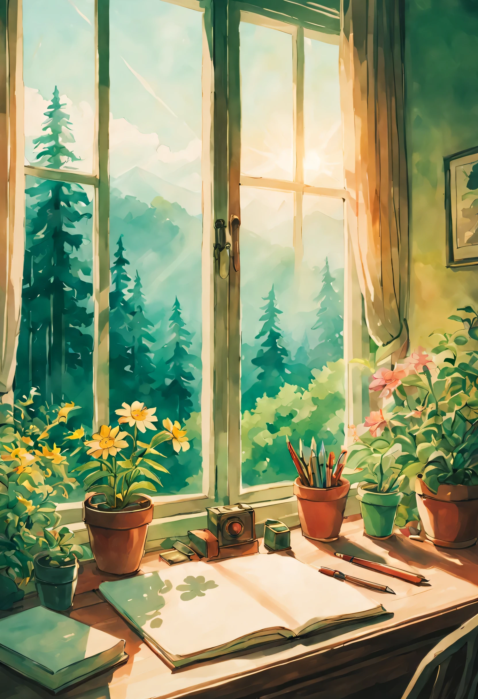 Soft color, studio ghibli, ghibli style, soft tone, lense flare, 90s film style, desk, flower pot, journal, pen. window, forest, hills, Kodak, film grains, hue, anime, Cinematic, high detail, film grain, Fujicolor, UHD, retina, masterpiece, super detail, high details, best quality, 8k, 4K