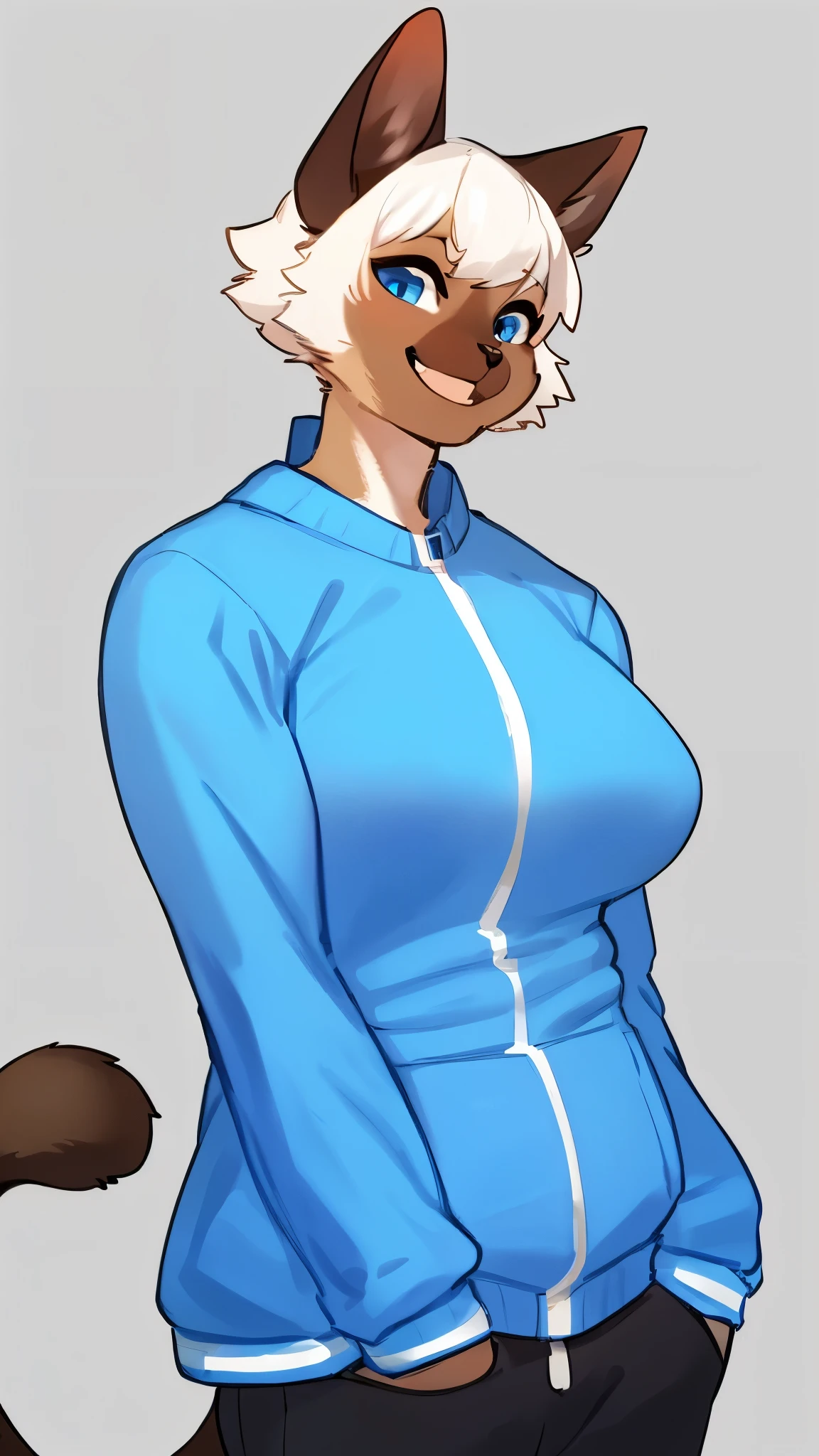 By bebebebebe, by lostgoose, by goonie-san, solo, snout, ears, feline, siamese cat, pale blue eyes, white hair, short hair, hair bangs, (muscular), smiling, happy, ((curvy)), brown upper face, offwhite fur, female, plump breasts, (adult, mature), crop top, (cat tail), (pussy floss)