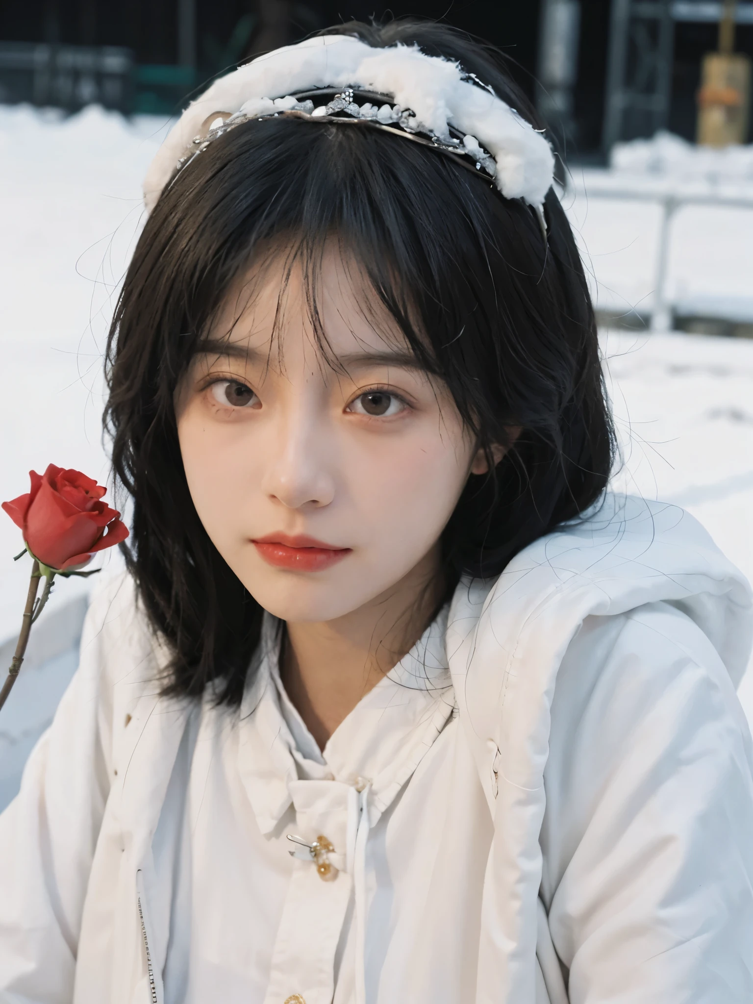 best quality, ultra high resolution, White background,(realistically:1.4), 2 girls, White leather clothes,twin? Red rose,A pair of eyes as clear as snow,Royal sister,looking at the audience, close up ,