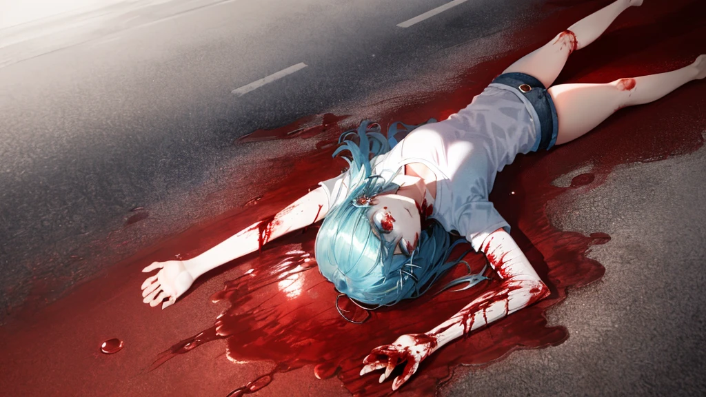 (lying on the roadside on one&#39;s back:1.2), (body being dragged:1.2), 1 girl, alone, ((white shirt)), barefoot, huge breasts, cleavage, uniform, denim shorts, ((Killed)), ((From above)), (cinematic lighting), (Put your arms on the ground), ((Sea of Blood)), ((bloody ground)), dutch angle, ((Bloody Body)), ((blood on their clothes)), ((rape face)), (((horror))), ((eyeを見開く)), Slender, eyeの間の毛, large chest, long hair, eye, blue hair, Blue short claws, alone, ((Thin knees, thick thighs)), long hair, ((masterpiece)), name tag, id tag, golden hair clip, ((long legs))