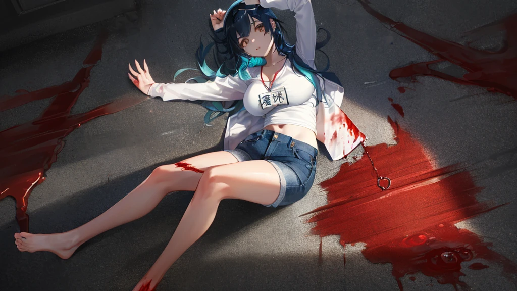 (lying on the roadside on one&#39;s back:1.2), (body being dragged:1.2), 1 girl, alone, ((white shirt)), barefoot, huge breasts, cleavage, uniform, denim shorts, ((Killed)), ((From above)), (cinematic lighting), (Put your arms on the ground), ((Sea of Blood)), ((bloody ground)), dutch angle, ((Bloody Body)), ((blood on their clothes)), ((rape face)), (((horror))), ((eyeを見開く)), Slender, eyeの間の毛, large chest, long hair, eye, blue hair, Blue short claws, alone, ((Thin knees, thick thighs)), long hair, ((masterpiece)), name tag, id tag, golden hair clip, ((long legs))