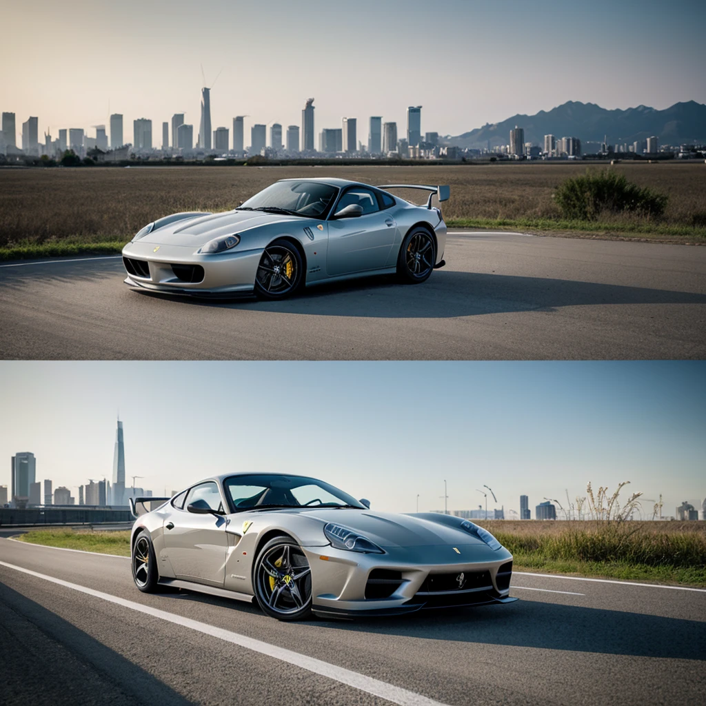 Silver sports car、Ferrari、PORSCHE、Highway、jump、photorealistic、8k.Skyline GT-R、Over Fender、