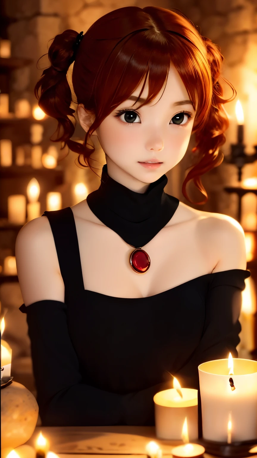 one girl、solo、cute face、１４talent、short hair twintails、shortcut、Red hair fastening、small nose、plump lips、ash blonde hair、detailed description、black silk turtleneck shirt、white capelet、ruby necklace、(((dim background、candle-like light source、Stone Room)))、highest quality、High resolution、high resolution、master piece:1.3、