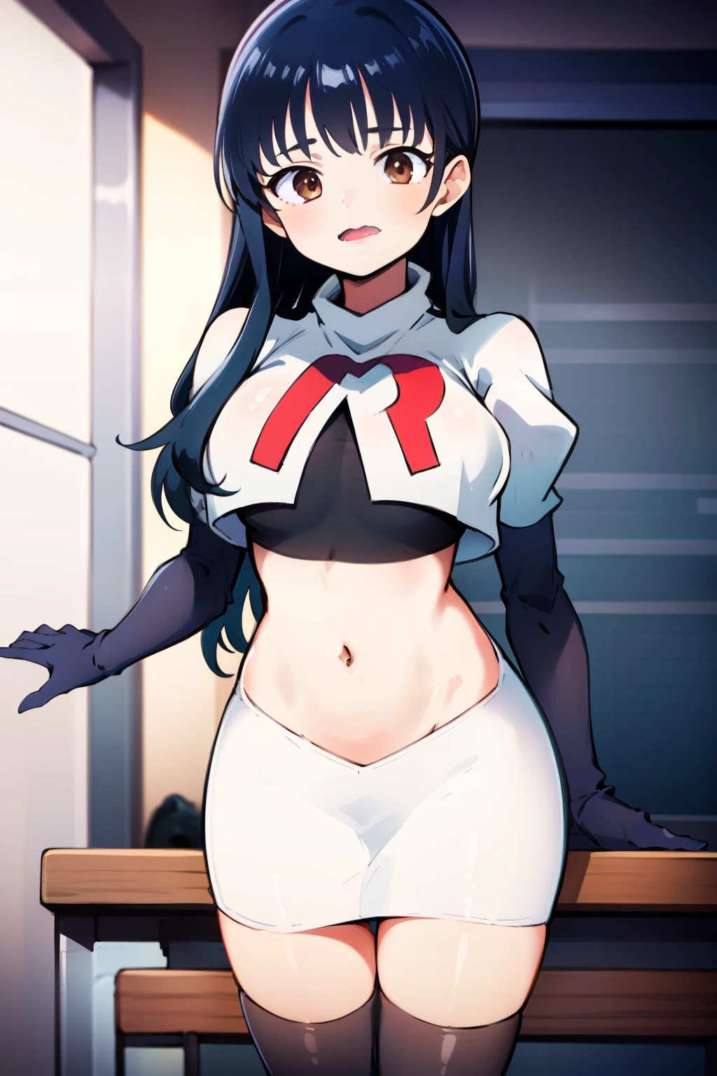 (masterpiece, best quality, ultra-detailed), 1girl, AnnaYamada, blue hair, brown eyes, looking at viewer, team rocket,team rocket uniform,white skirt,crop top,black thigh-highs,black elbow gloves,