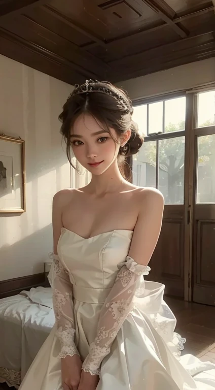 (best quality,actual:1.37),renaissance minimalism,beautiful girl,beautiful legs,detailed eyes,subtle color palette,methodical,great atmosphere,shining light,Soft light and shadow,vivid emotional depiction,Timeless elegance,meticulous attention to detail,delicate and delicate texture,harmonious composition,Low angle perspective,Unobtrusive beauty,Classical art,calm environment,Unique perspective.full body portrait,long legs,high heels,smiling face,luxurious tiara,Clothes that show the thighs,