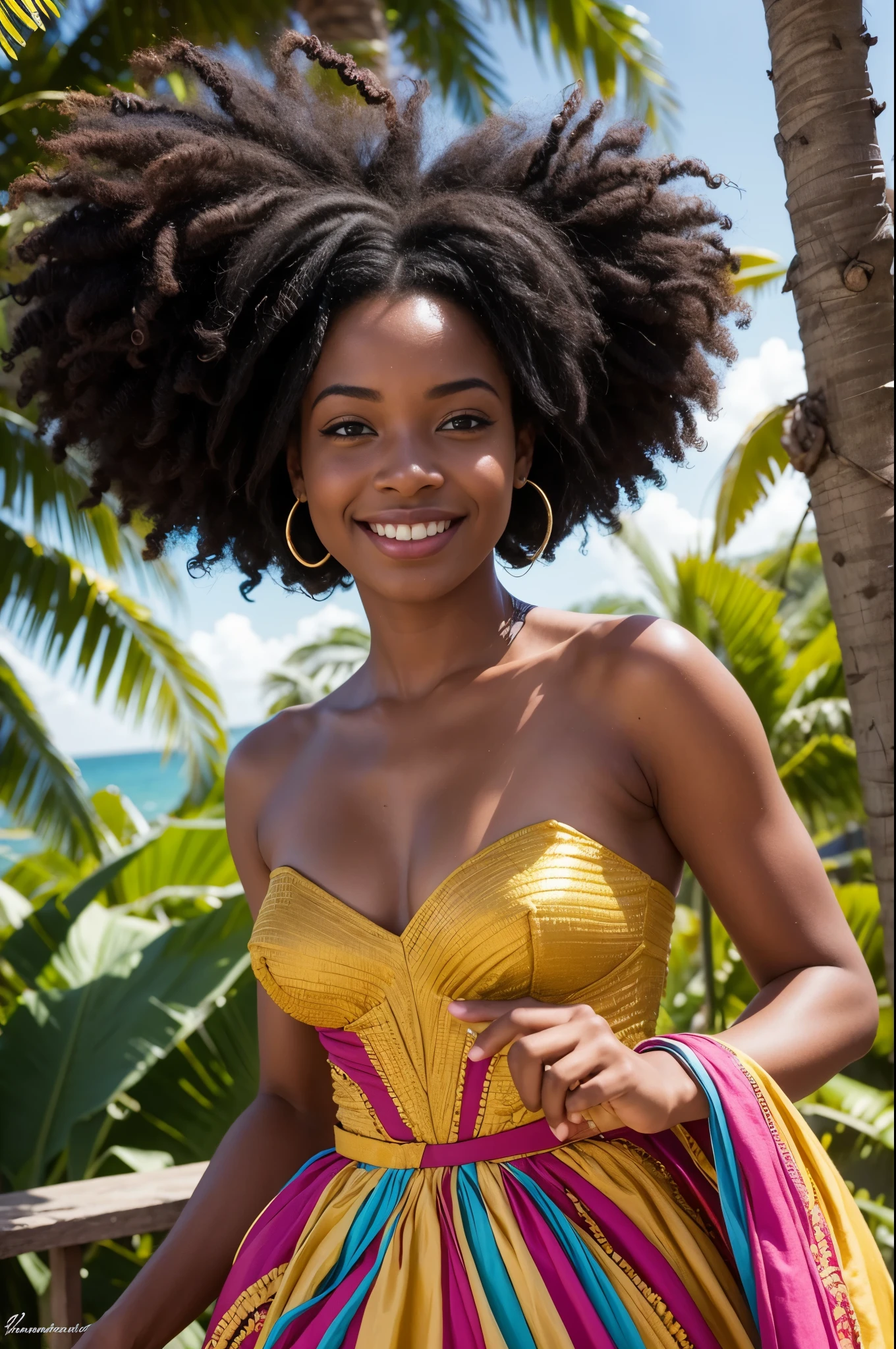 une jolie haitienne au cheveux afro, tres hyper realiste, vetu d'une belle robe, souriante, fondnaturel
