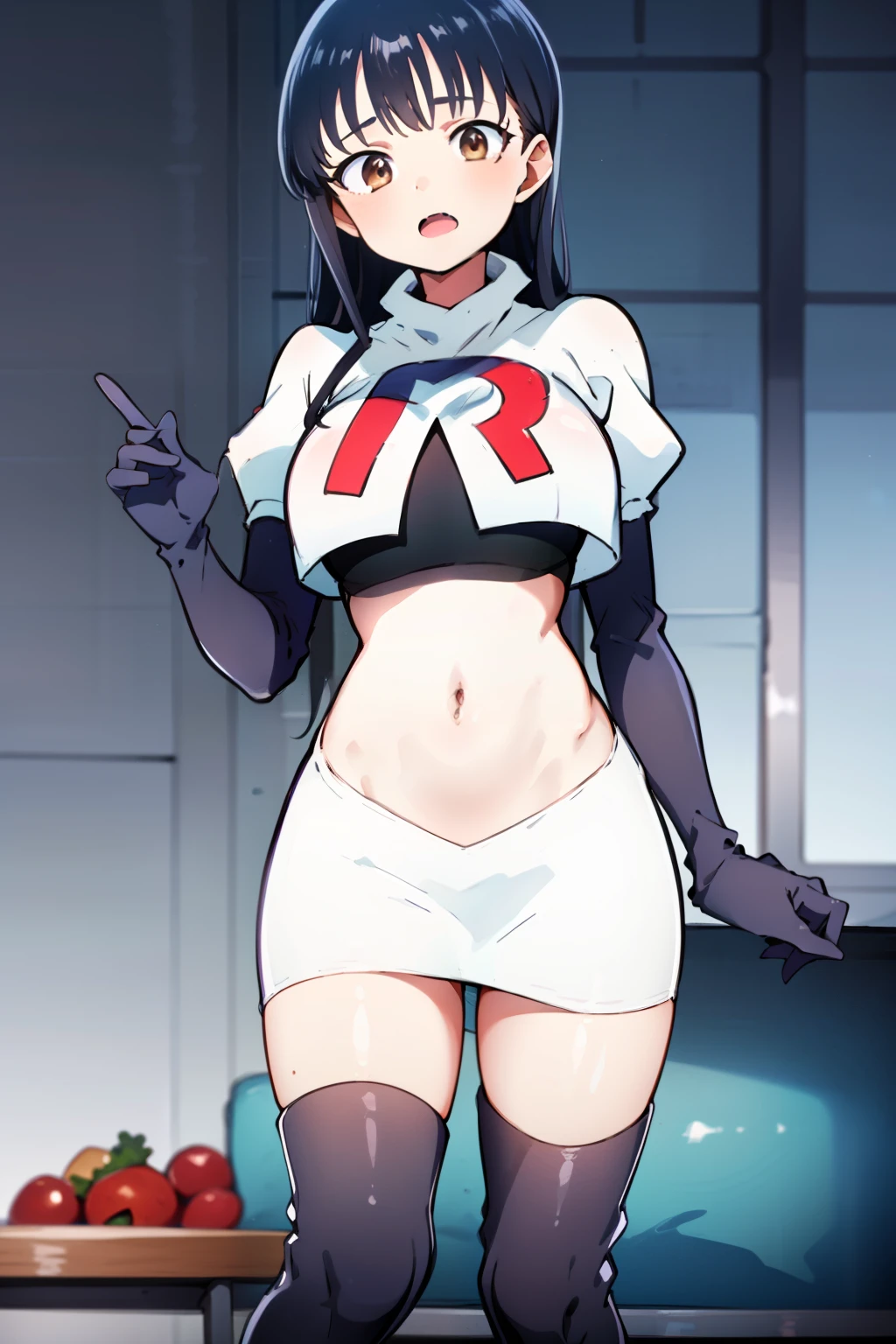 (masterpiece, best quality, ultra-detailed), 1girl, AnnaYamada, blue hair, brown eyes, looking at viewer, team rocket,team rocket uniform,white skirt,crop top,black thigh-highs,black elbow gloves,