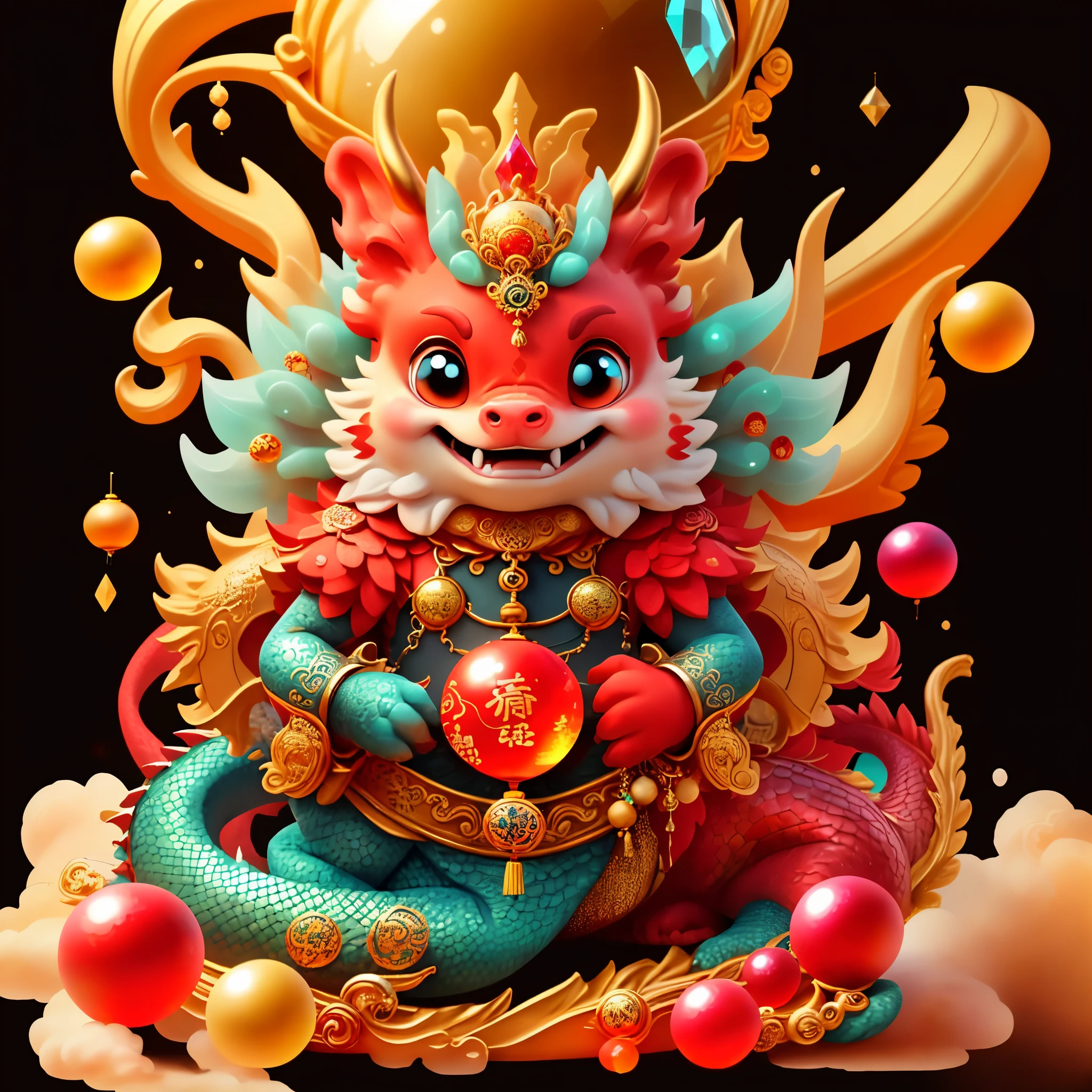 chinese dragon，hand holding a crystal ball, Majestic，background red，The picture quality is delicate，k hd，The expression is amiable