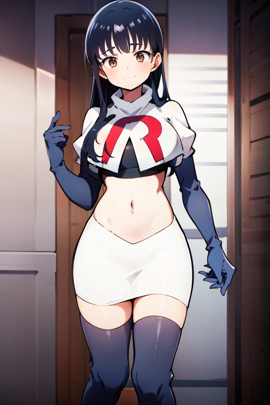 (masterpiece, best quality, ultra-detailed), 1girl, AnnaYamada, blue hair, brown eyes, looking at viewer, team rocket,team rocket uniform,white skirt,crop top,black thigh-highs,black elbow gloves,