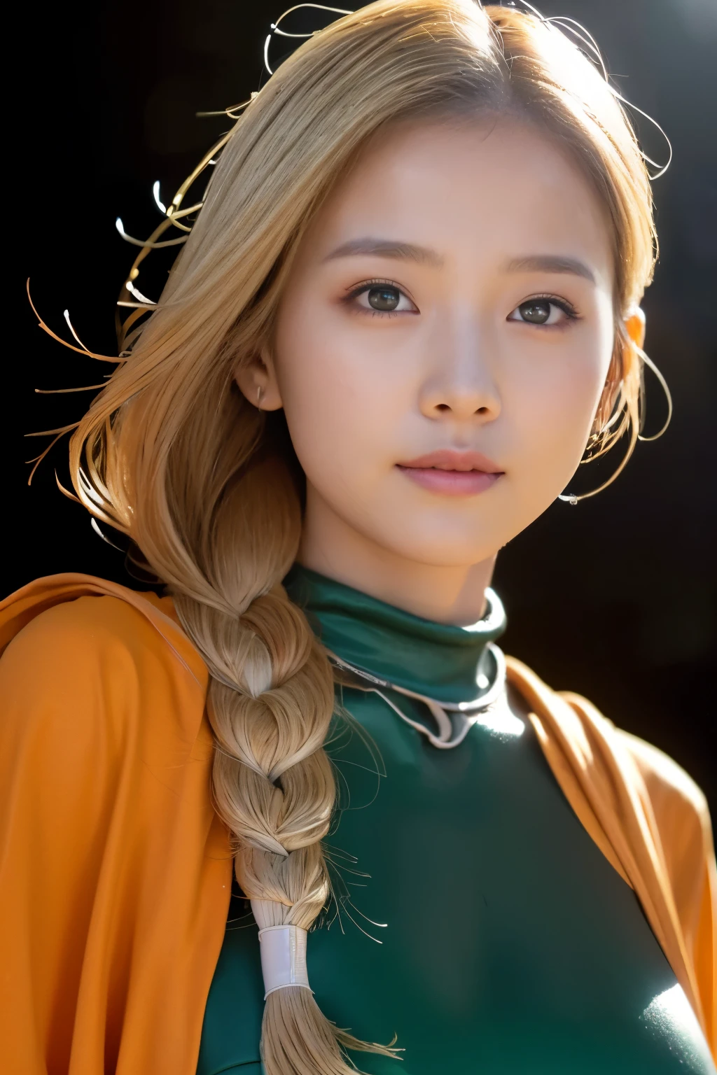 masterpiece、1 beautiful girl、fine eyes、puffy eyes、highest quality, 超High resolution, (reality: 1.4), movie lighting、Japanese、asian beauty、Korean、super beautiful、beautiful skin、body facing forward、close up of face、(超reality的な)、(High resolution)、(8K)、(very detailed)、(美しくfine eyes)、(Super detailed)、 (wall-)、detailed face、bright lighting、professional lighting、nice smile,looking at the viewer、look straight ahead、slanted bangs、Nogizaka idol、korean idol、fiery idol pose、(masterpiece, highest quality, High resolution, 32K), Bianca_DQ5, woman, (blonde hair:1.1, long blonde hair, braid hair:1.1, green dress, Orange cloak, black long boots:1.1, huge breasts:1.55, perfect slim body:1.2), (In an abandoned hut, Shabby hut, Messy hut, deep-forest,, dark atmosphere:1.2), 壮大なreality的, faded, ((neutral color)), (calm colors:1.2), super detailed, (art station:1.5), cinematic, warm light, dramatic light, (intricate details:1.1), (natural skin texture, hyper realism, soft light, sharp:1.2), (detailed face, super dense skin),