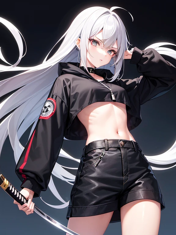 A girl unsheathing her katana stance that tip of the blade Illuminating through light, her appearance She has long a silver Hair fall's through her waist and Her eyes Golden vertical pupil, as she wearing a hoodie oversize with Kanji Japanese design patterns,her accessories has a silver dog tags under her neck, she wearing black aviator sunglasses, and black stylish cargos shirt has six pocket with Morden aesthetic design, background blue clear sky ocean in distance