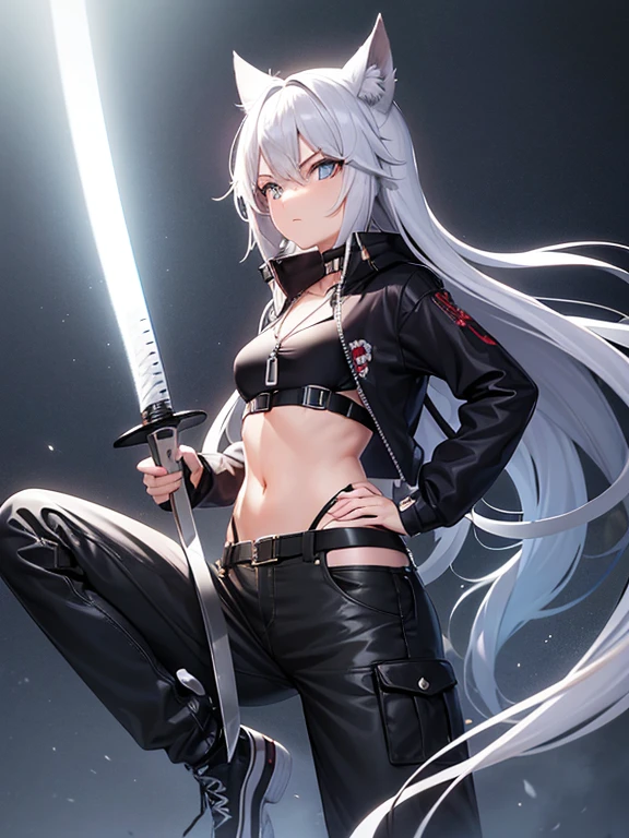 A girl unsheathing her katana stance that tip of the blade Illuminating through light, her appearance She has long a silver Hair fall's through her waist and Her eyes Golden vertical pupil, as she wearing a hoodie oversize with Kanji Japanese design patterns,her accessories has a silver dog tags under her neck, she wearing black aviator sunglasses, and black stylish cargos shirt has six pocket with Morden aesthetic design, background blue clear sky ocean in distance