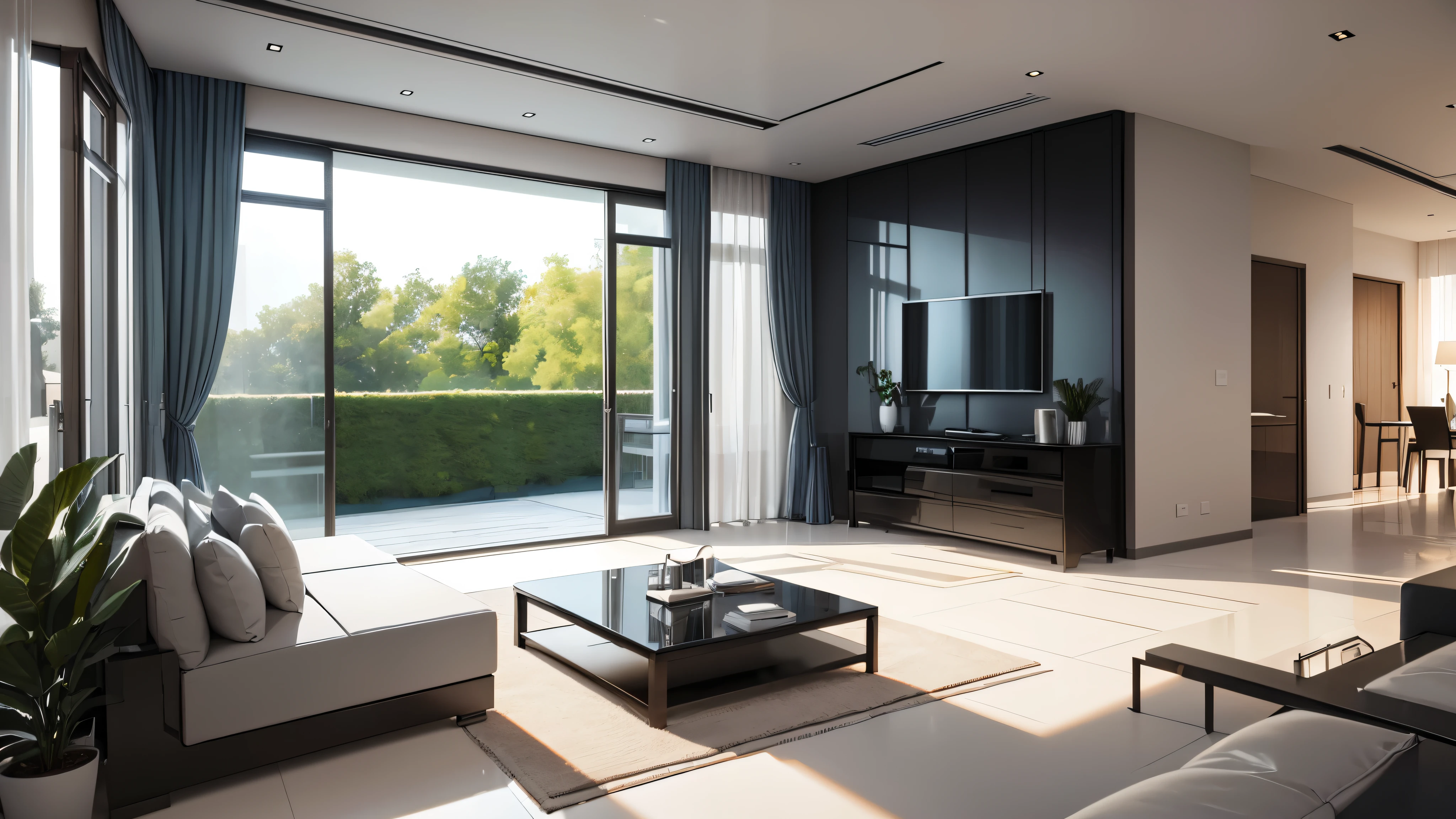 You are a famous interior designer、You have been asked to create a 3D image of a modern large room. Create a harmonious environment with modern and minimalist furniture. Including garden interior.