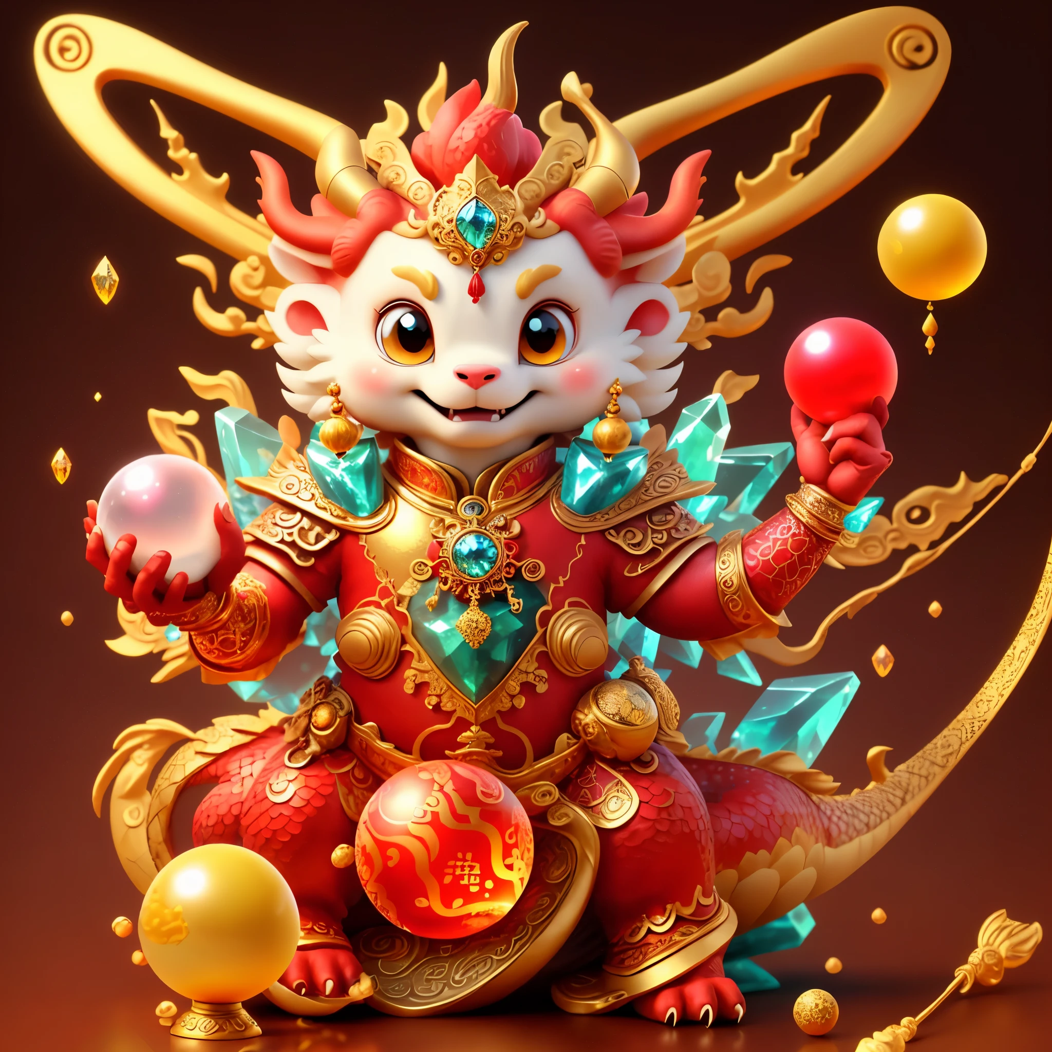 chinese dragon，hand holding a crystal ball, Majestic，background red，The picture quality is delicate，k hd，The expression is amiable