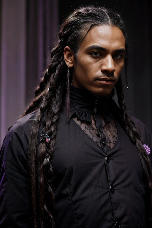 A gothic black man, , , with a dread hair, , , villain, , , black clothes with purple detail, , , the clothes follow a Victorian style.