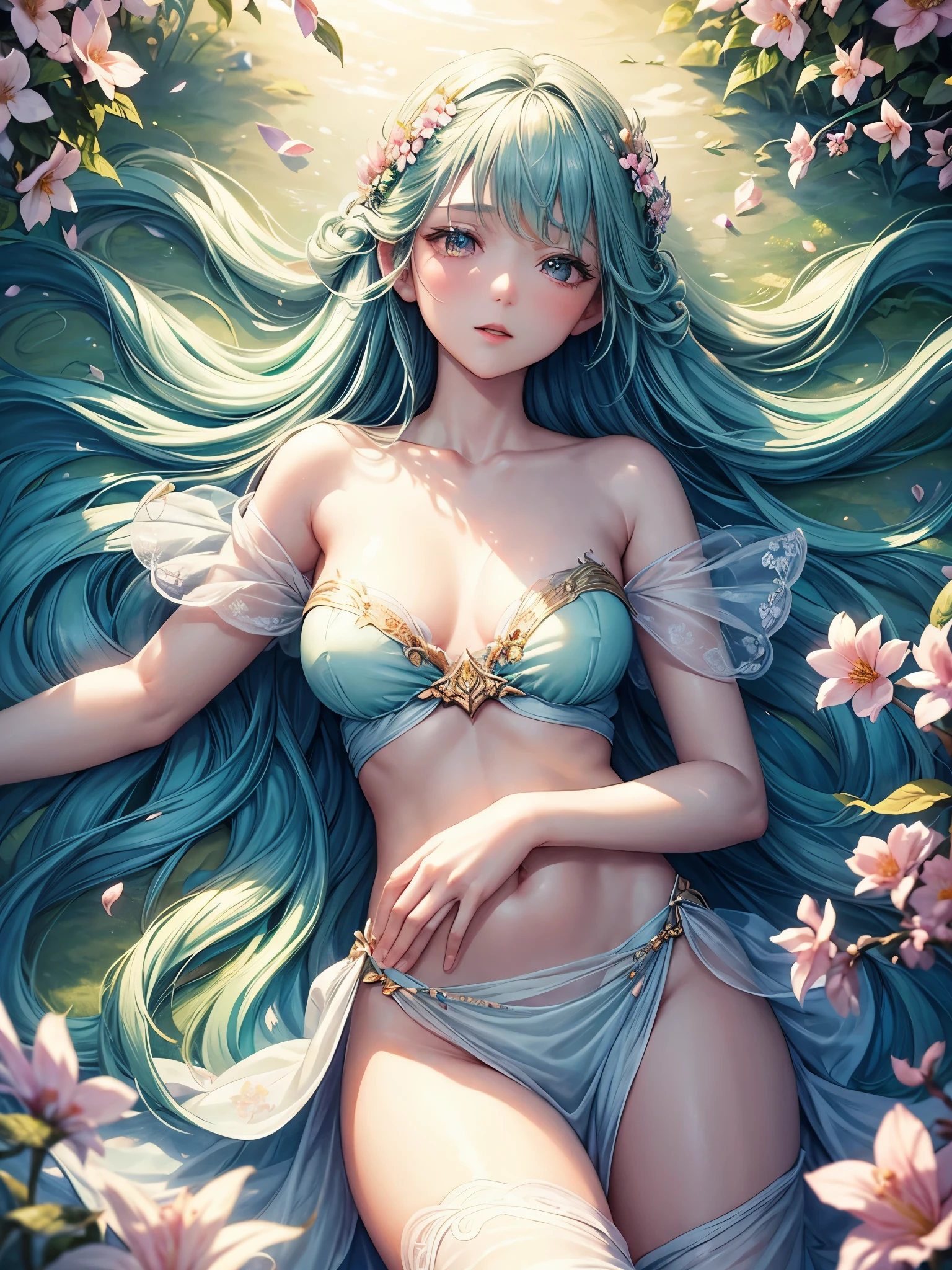 soft lighting, dreamy atmosphere, ethereal aesthetic, fantasy theme, nature elements, floral background, delicate details, flowing hair, whimsical pose, vibrant colors, flower petal falling, laying down on her stomach
