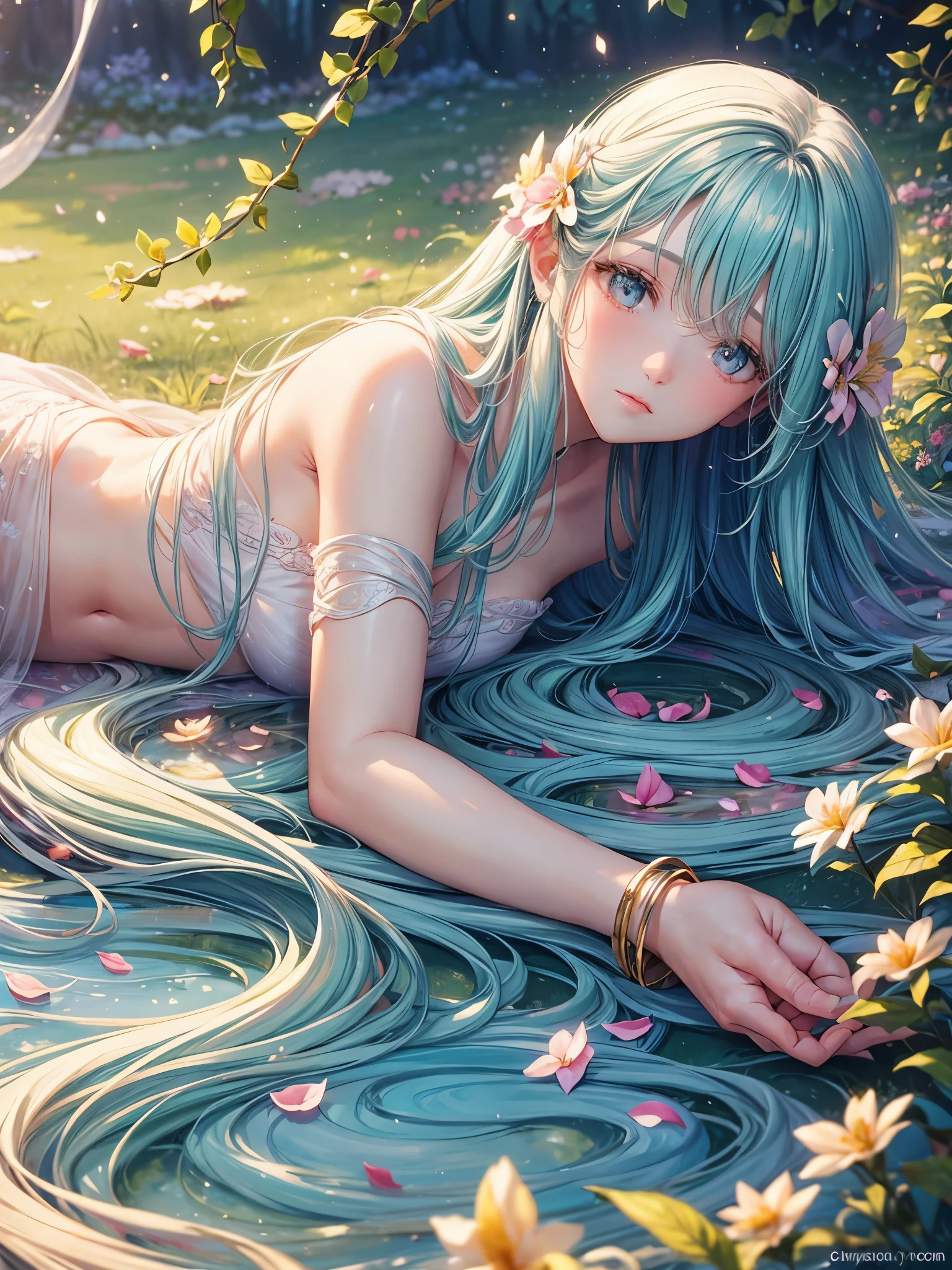 soft lighting, dreamy atmosphere, ethereal aesthetic, fantasy theme, nature elements, floral background, delicate details, flowing hair, whimsical pose, vibrant colors, flower petal falling, laying down on her stomach