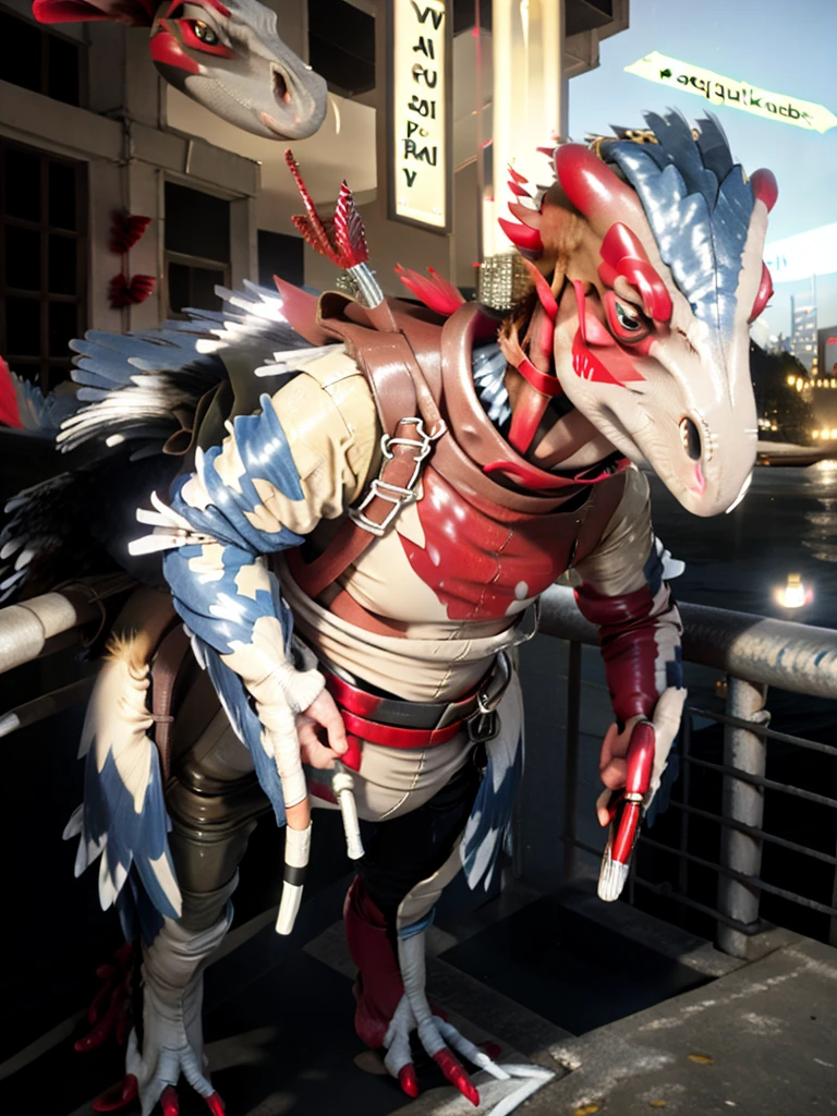 Ultra high resolution, best quality, masterpiece, raw selfie photograph, close-up,  (half transformation), human shiny smooth red polyvinyl deinonychus velociraptor mount inflatable rubber fursuit hybridization metamorphosis, wearing saddle bridle bit and harness, standing by a pier railing at night, (part human:1.6), (red:1.9) (black:1.5) (gray:1.1) (cobalt:0.5) (striped:1.2) (spotted:1.1), ((liquid polyvinyl goo partial dripping encasement)), human feathered polyvinyl dinosaur raptor inflatable rubber fursuit hybrid mount, zipper open,  plastic handlebars, air valve nozzle