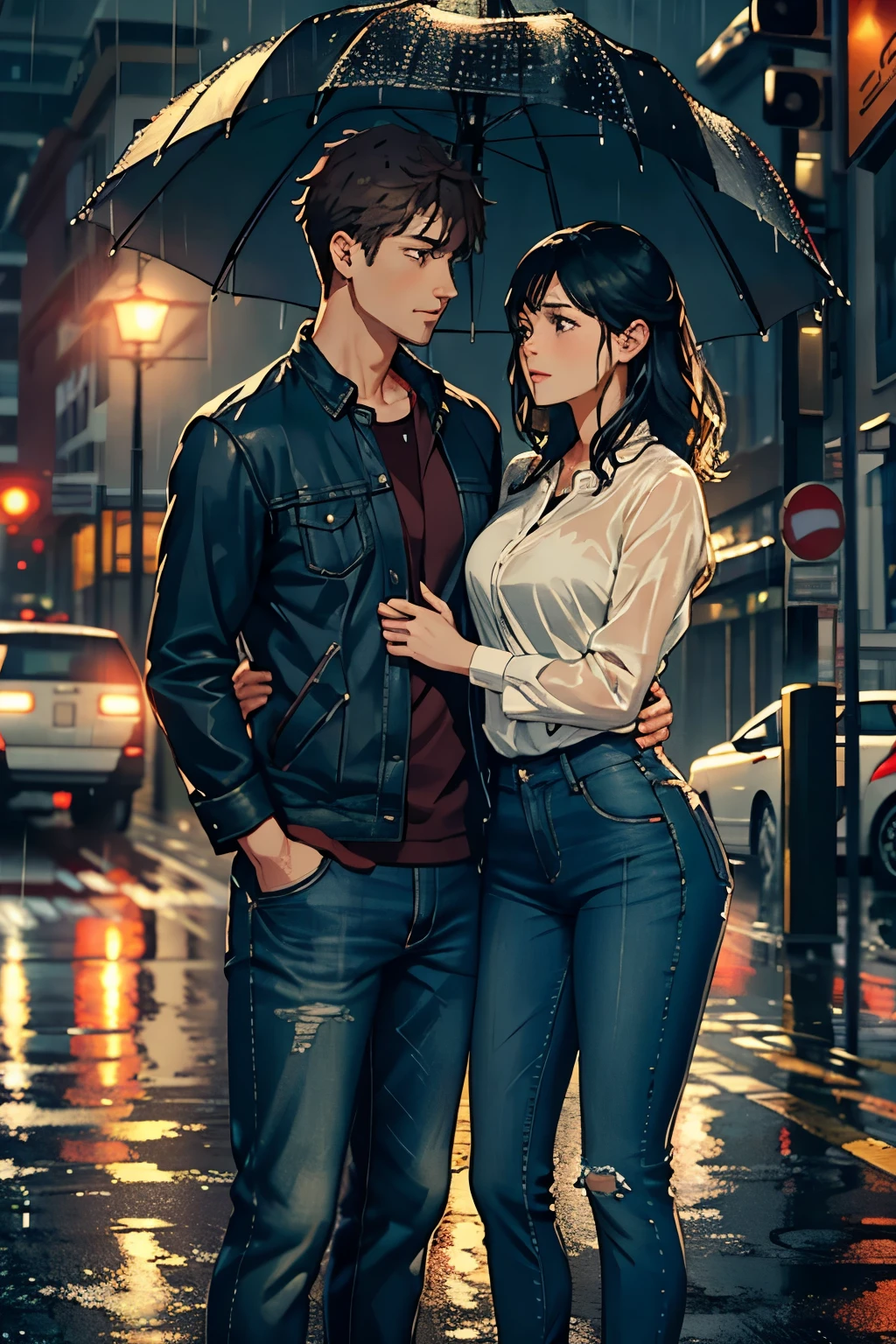 Top-quality masterpiece, heartfelt apology scene, Male and female couples, Raindrops cascading on windshield, Laid-back posture of the man, Sheila with expressive face, Slightly Maple syrup hair, Umbrella in hand, Dripping rainwater, Touching her arm consolingly, Splash of water on her denim jeans, Puddles on the pavement, Reflected streetlights, Dimly lit surroundings, Realistic rain effects, Detailed facial expressions, Highly articulated body language.

The shock of the sudden rainstorm struck us both, the unexpected downpour drenched us in seconds, leaving pudd