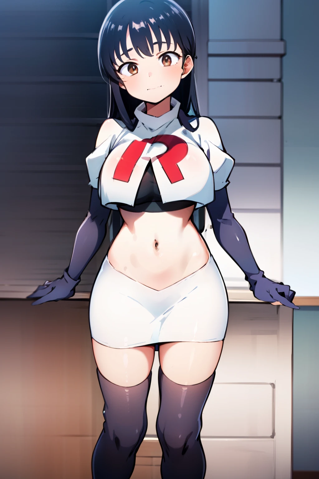 (masterpiece, best quality, ultra-detailed), 1girl, AnnaYamada, blue hair, brown eyes, looking at viewer, team rocket,team rocket uniform,white skirt,crop top,black thigh-highs,black elbow gloves,