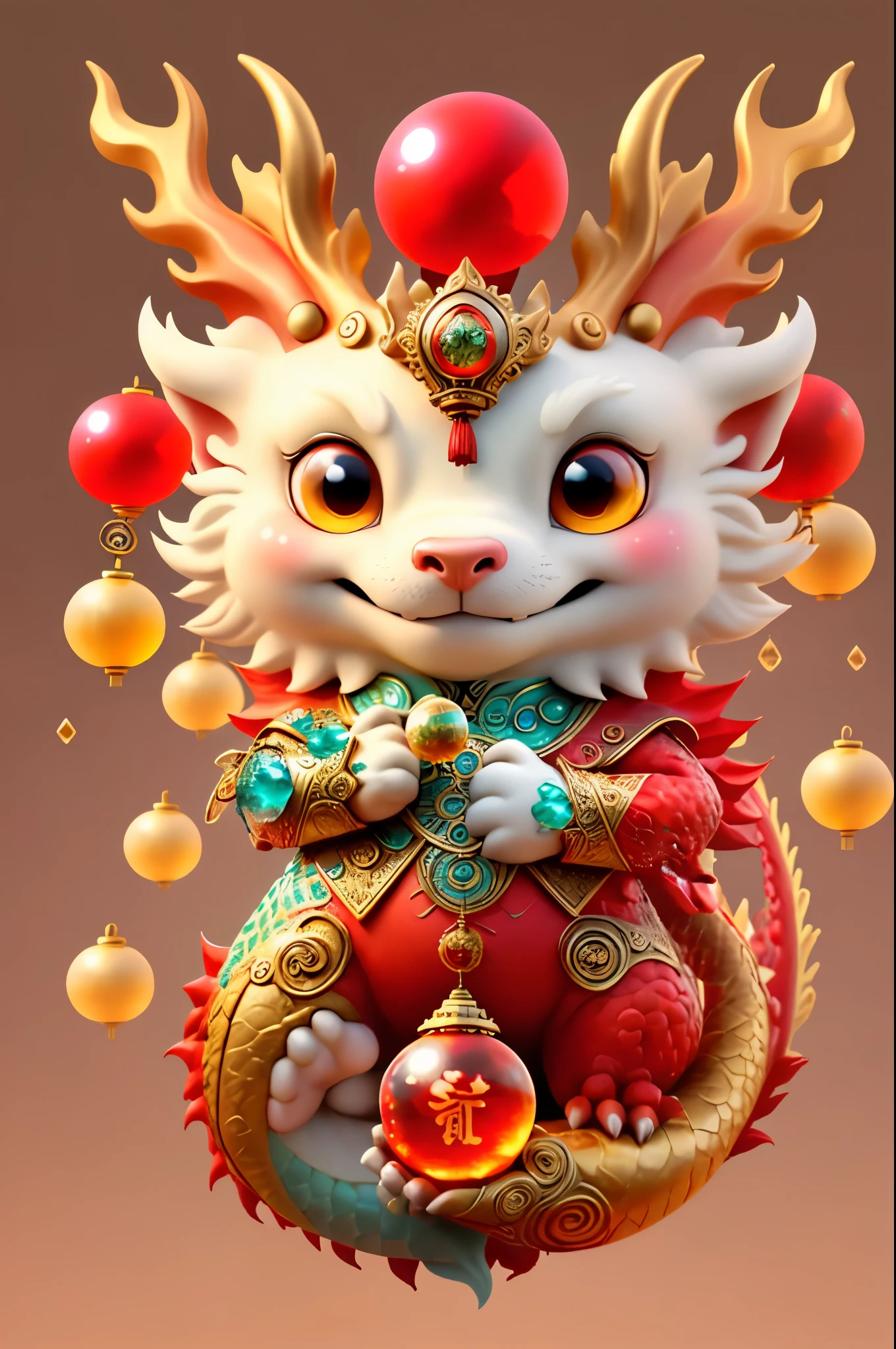 chinese dragon,hand holding a crystal ball, Majestic,background red,The picture quality is delicate,k hd,The expression is amiable
