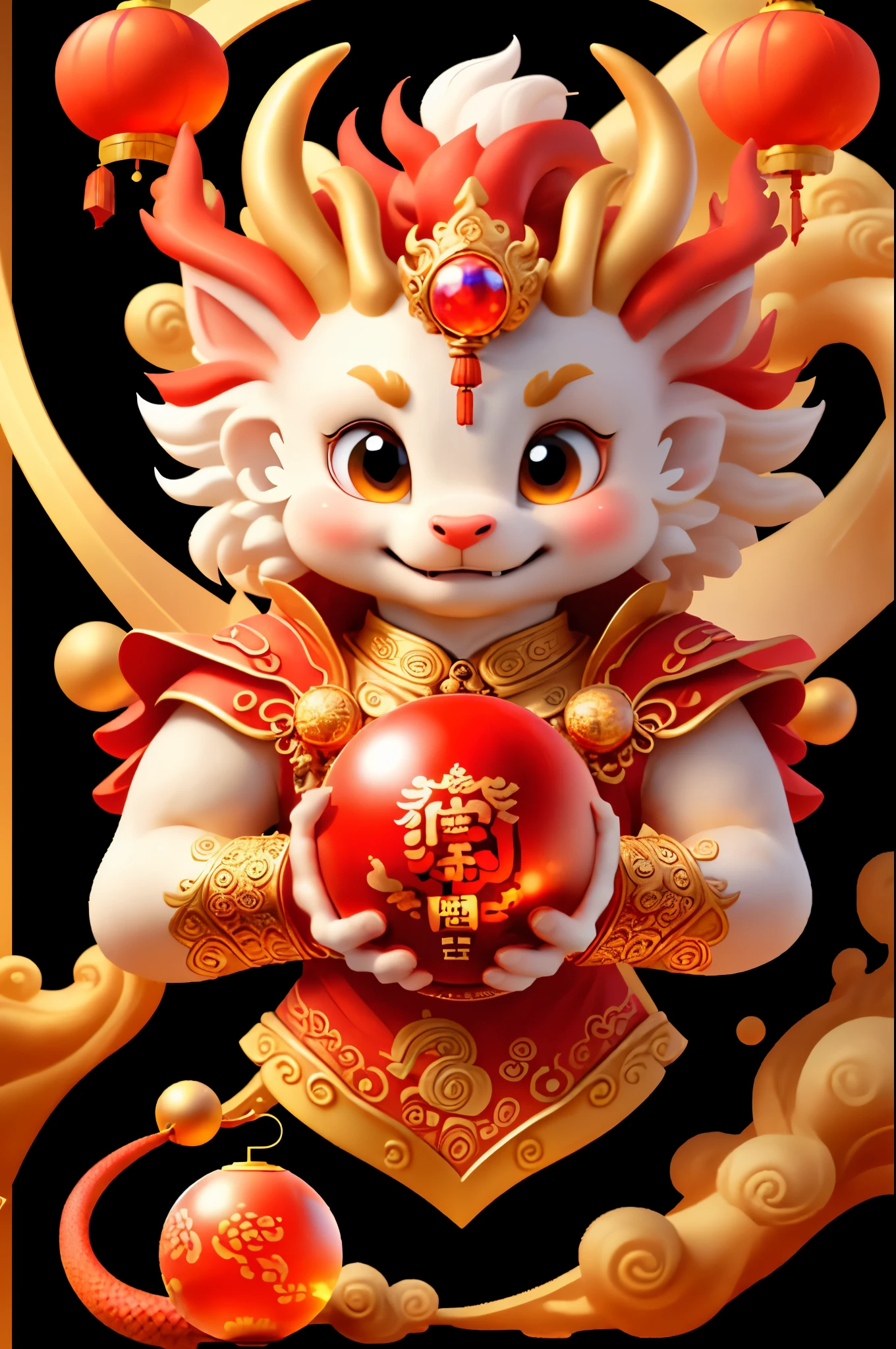 chinese dragon，hand holding a crystal ball, Majestic，background red，The picture quality is delicate，k hd，The expression is amiable