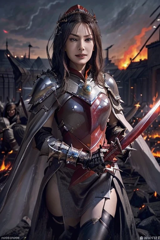 Highest quality, masterpiece, 16K, (raw photography, photorealistic, ultra-detailed, ultra-high resolution:1.3), fantasy, ancient China, cinematic lighting, professional photo, (correct anatomy, perfect body, correct body proportion:1.5), dynamic, sharp focus, depth of field, (intricately detailed face, ultra-realistic skin texture:1.1), (from front:1.4), 1 girl, solo, ((cowboy shot:1.1)), looking at viewer, ((witch empress:1.4)), black hair, short hair, (silver crown with 4 spikes:1.5), ultra-detailed eyes, ((red iris:1.4)), highly detailed nose and lips, beautiful nose, glossy lips, (expressive face:1.4), ((evil smile:1.3)), ((red armor, emitting evil aura:1.5)), ((black cape:1.2)), (slender, beautiful breast:1.3), (perfect body proportion:1.4), during a battle and massacre, (wielding a cursed long sword:1.5), (((midnight, crescent on the sky, outdoor:1.1))), (((accompanied with her own army:1.5))), ((burning and destroyed village in background:1.4)),