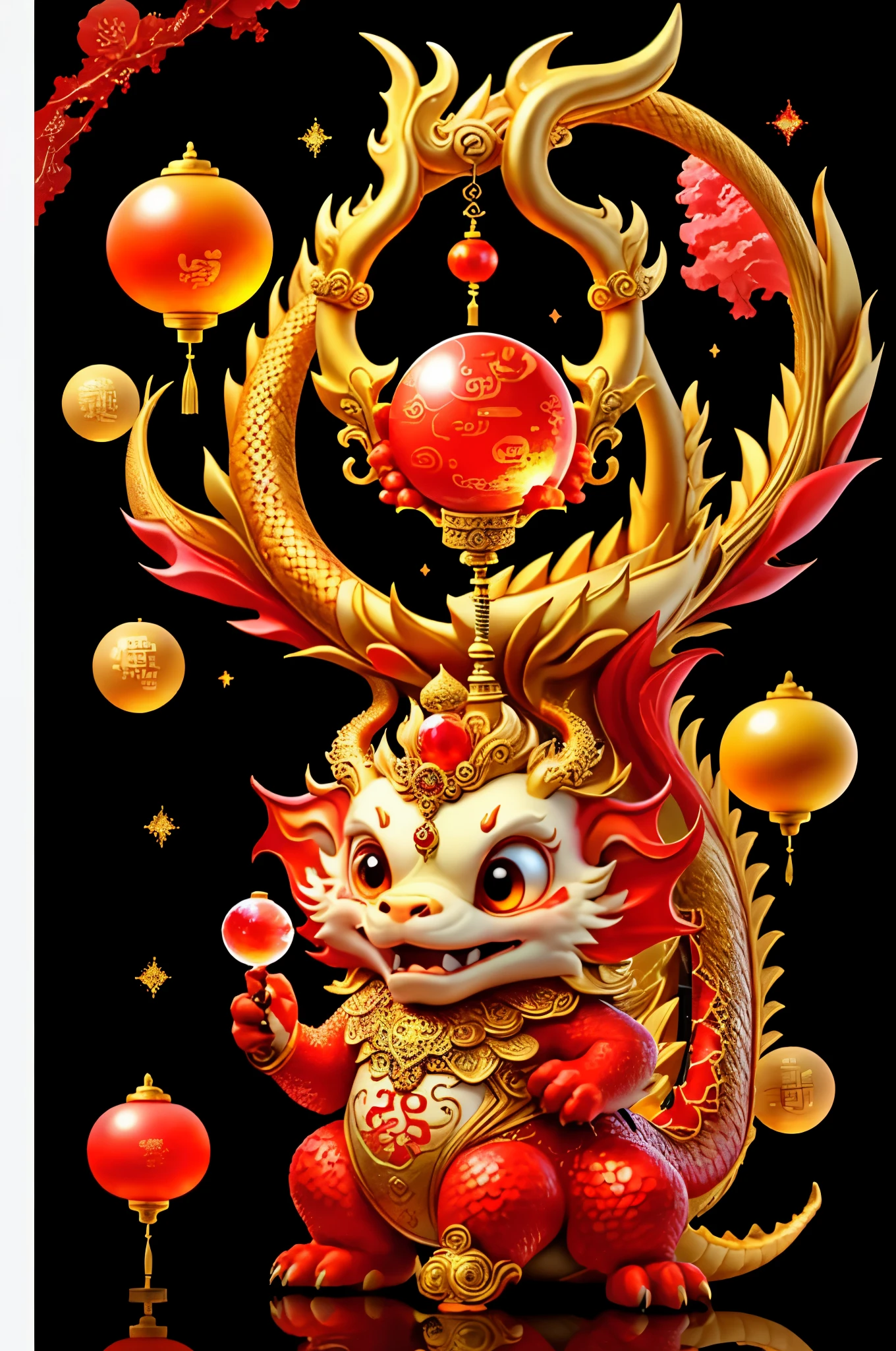 chinese dragon,hand holding a crystal ball, Majestic,background red,The picture quality is delicate,k hd,The expression is amiable