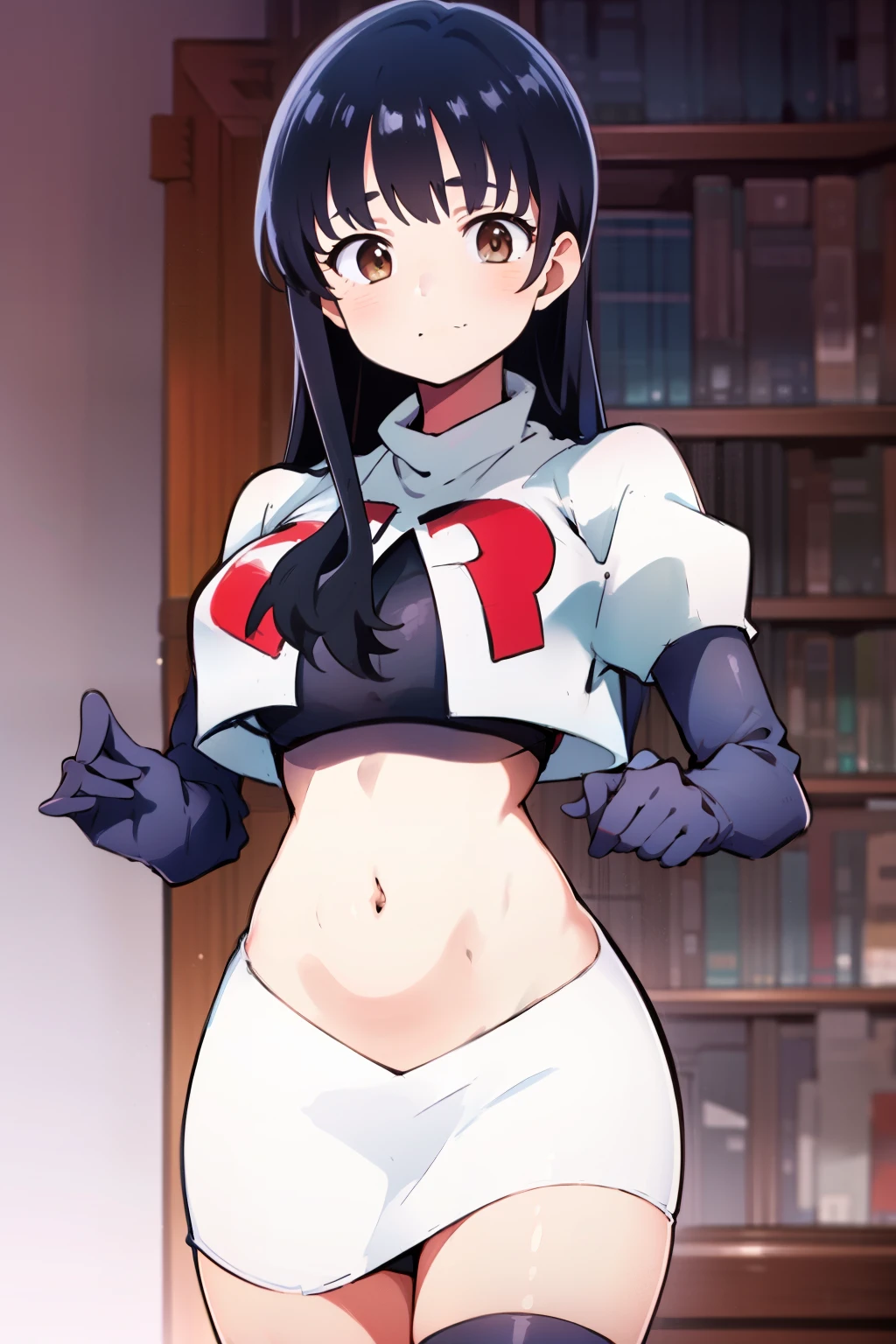 (masterpiece, best quality, ultra-detailed), 1girl, AnnaYamada, blue hair, brown eyes, looking at viewer, team rocket,team rocket uniform,white skirt,crop top,black thigh-highs,black elbow gloves,