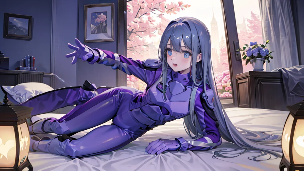 highest quality,sleep on your back in bed，Crab crotch，show me your boots，thigh high boots，leotardチラ見せ，glove，elegant, 1 girl, leotard，body suit，cute, blushed, looking at the viewer, from below, prison，blue eyes, beautiful eyes, beautiful background, particles of light, Light of the sun, dramatic lighting, outside, shiny, realistic, table top, highest quality, Super detailed, get used to it, scenery, beautiful and detailed eyes, thin hair，full body shot，