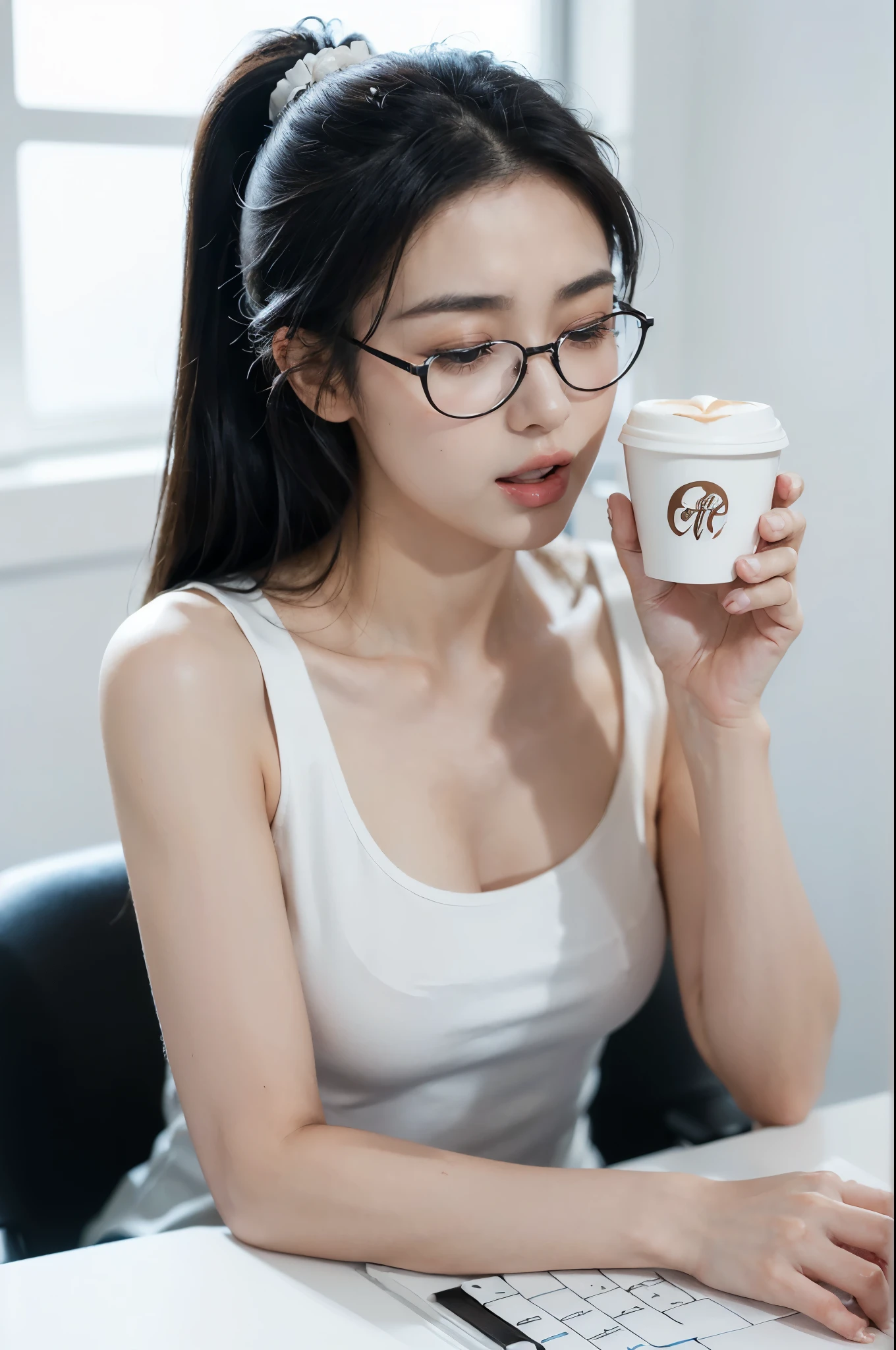 ((((8k))),((Extremely meticulous CG)) ,(wallpaper),16k,((Extremely refined and beautiful))，(((Masterpiece))),(((best qualtiy))),(((Ultra High Resolution))),beautiful light up,Perfect lightning,realistic shaded,[A high resolution],(Smooth and flawless fair skin:1.5),(pale skin:1.3),Extremely exquisite facial details,(perfect body:1.1),ultra-detailed,A beautiful girl,solo,small head,(short ponytail:1.1),(black hair:1.2),small face,Exquisite makeup,(glasses:1.2),(small breasts:1.1),flat chests,slim,thin,((Frown, angry,painful)),(close eyes:1.5),(open mouth:1.3),(female orgasmic:1.5),(ahegao),(blush:1.3),(white tank top:1.3),(high heels:1.2),(day scene:1.5),(detailed background:1.5),(Sitting on a computer desk:1.3),(a coffee cup on the table:1.5),(In the office:1.3),(upper body:1.3),(from front:1.3),