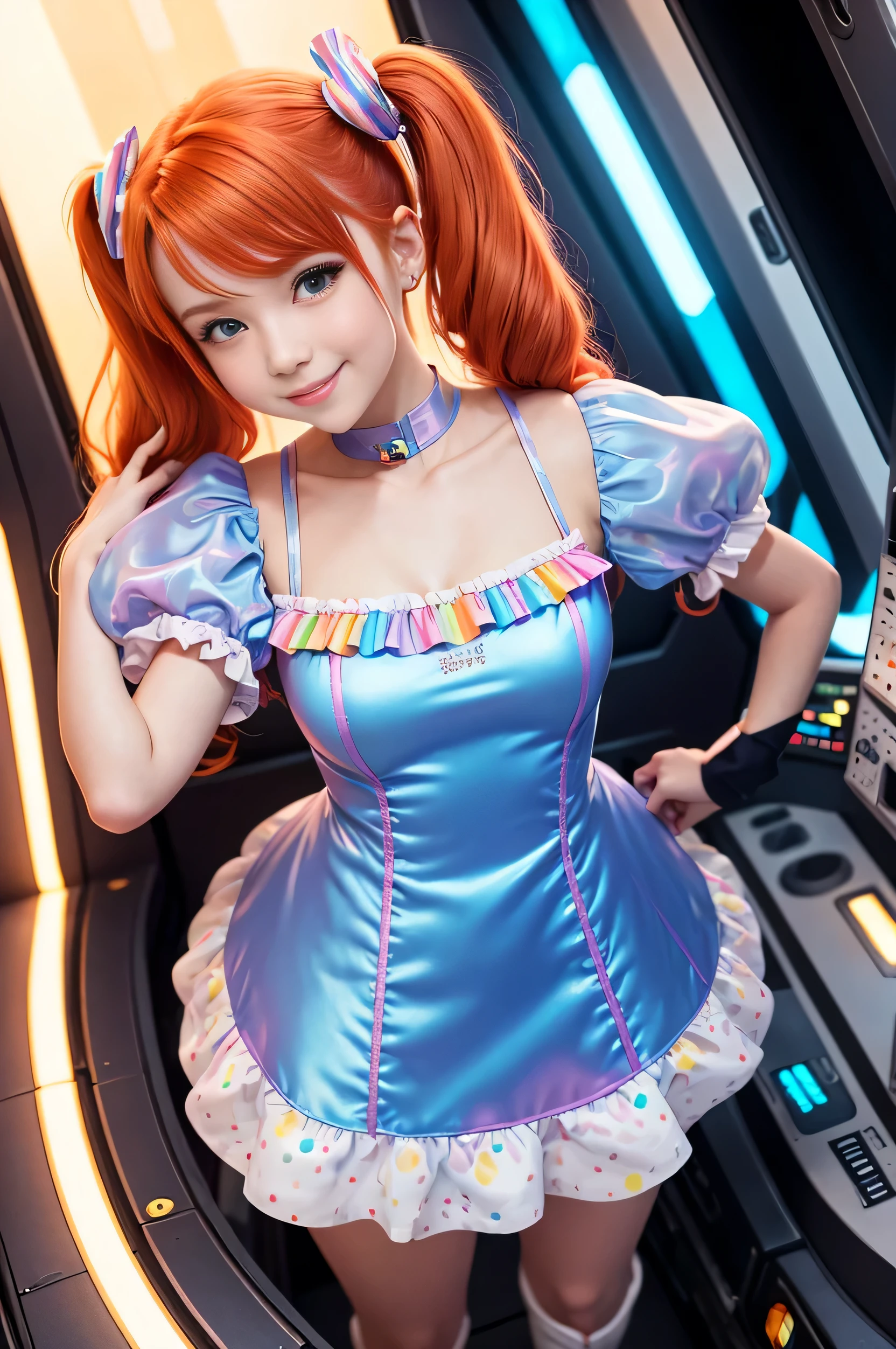 (overhead view) Cute redhead with rainbow colored hair tips, ribbons in her hair, 20-year-old woman, happy, smiling, in twin tails, perfect eyes, clear sparkling blue eyes, pale skin, silky smooth skin, flying a fancy metal luxurious space ship, futuristic cockpit, she's a pilot, outer space seen in windows, dark warm lighting, wearing a futuristic party dress, pleated (chemise) mini dress (pastel rainbow colors, and polka dots), puffy sleeves, silk, wearing full body pantyhose, cute short cut booties, boots.