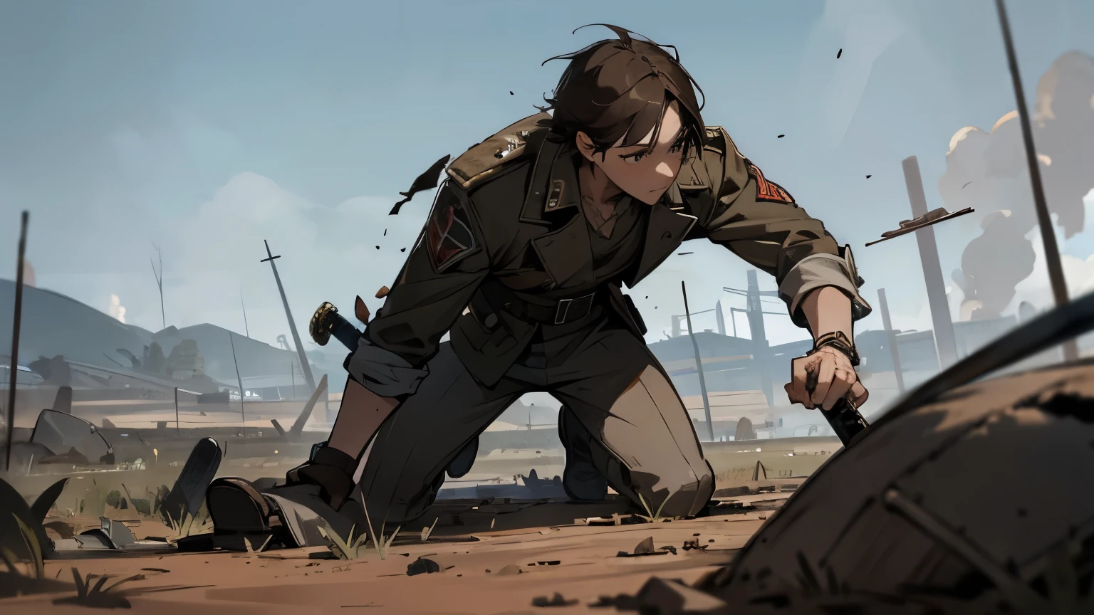 battlefield atmosphere, brown soil, cracked ground, no character, broken war attributes scattered around, sword scattered around