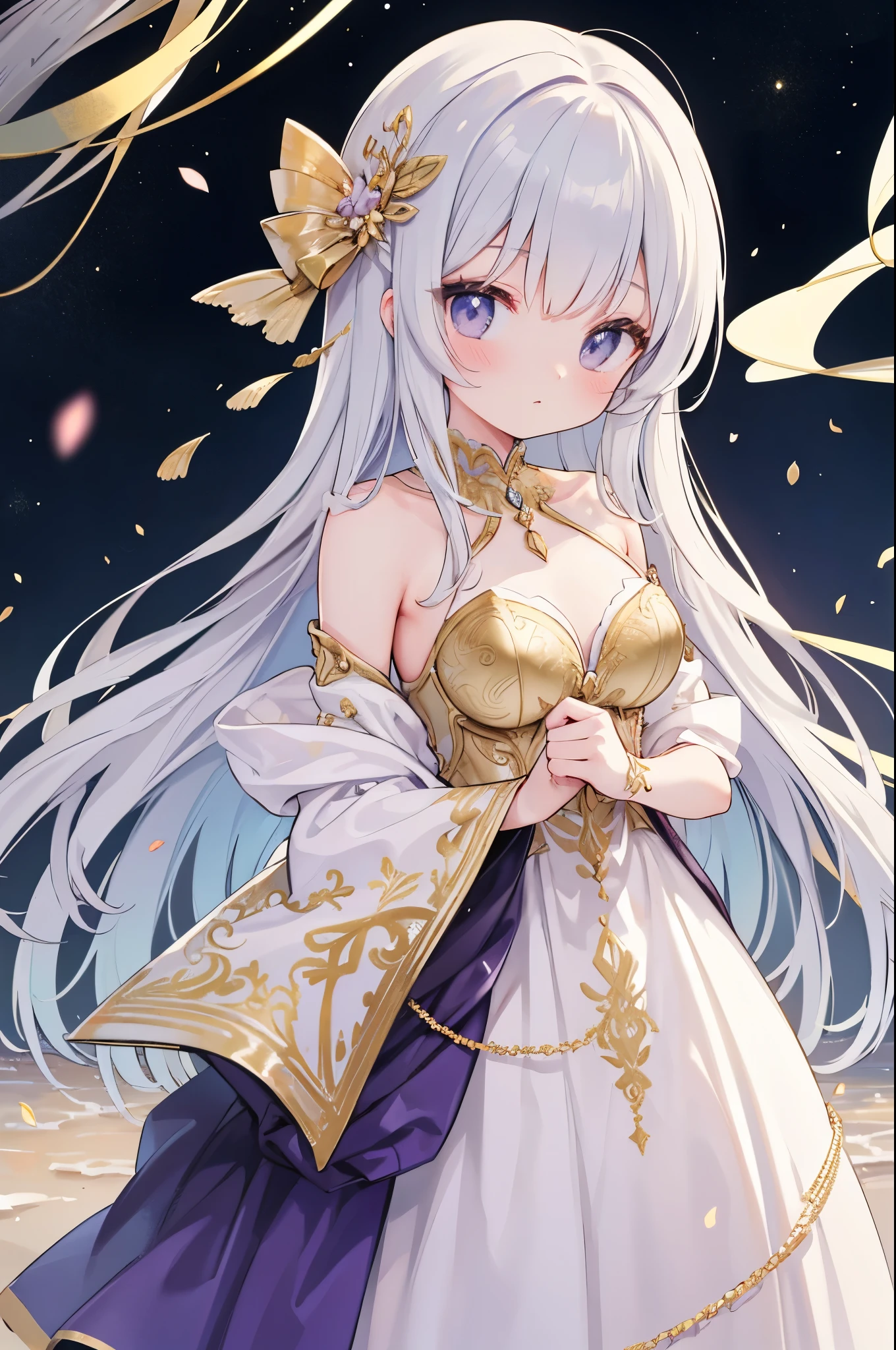 （masterpiece）、(highest quality)、((Super detailed))、(super delicate)、cute、Pastel colors hair、beautiful breasts、Gorgeous、fantastic sea of light、Gold, silver, and purple costumes