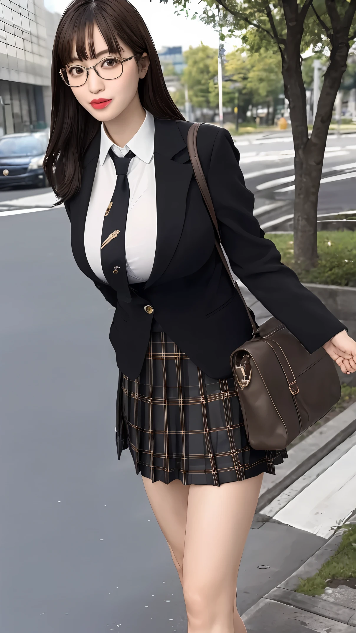 masterpiece, best quality, ultra-detailed, illustration,, (paisura:1.4), 1girl, glasses, big breasts, necktie, sexy skirt, bag, sexy school uniform, black hair, outdoors, road, between breasts, street, school bag, ground vehicle, danchi, japan, slender body, full body shot 