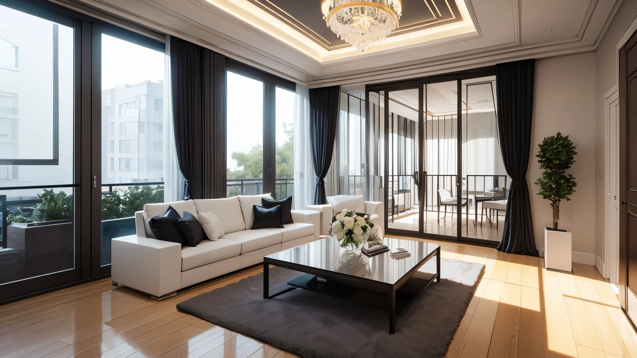 You are a famous interior designer、You have been asked to create a 3D image of a modern large room. Create a harmonious environment with modern and minimalist furniture. Including garden interior.
