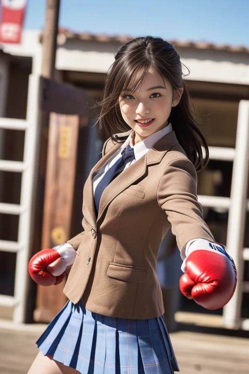 table top, highest quality, super detailed, finely, High resolution, 8k wallpaper, perfect dynamic composition, beautiful and fine eyes,medium hair, natural color lip,smile,(Wearing a brown school blazer uniform,Red Boxing Gloves:1.3),(long hair:1.3), (front view. drawn action: That girl has to do kickboxing. . video 、when doing a high kick, Need to convey a sense of dynamic movement:1.4),(The wind blows and lifts up my brown skirt,I can see your pants:1.3) girl,(whole body:1.3)