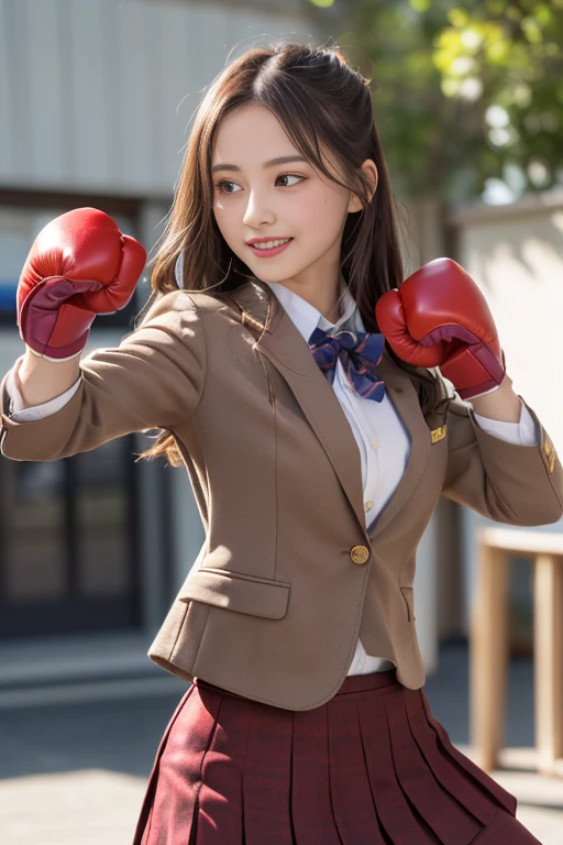 table top, highest quality, super detailed, finely, High resolution, 8k wallpaper, perfect dynamic composition, beautiful and fine eyes,medium hair, natural color lip,smile,(Wearing a brown school blazer uniform,Red Boxing Gloves:1.3),(long hair:1.3), (front view. drawn action: That girl has to do kickboxing. . video 、when doing a high kick, Need to convey a sense of dynamic movement:1.4),(The wind blows and lifts up my brown skirt,I can see your pants:1.3) girl,(whole body:1.3)