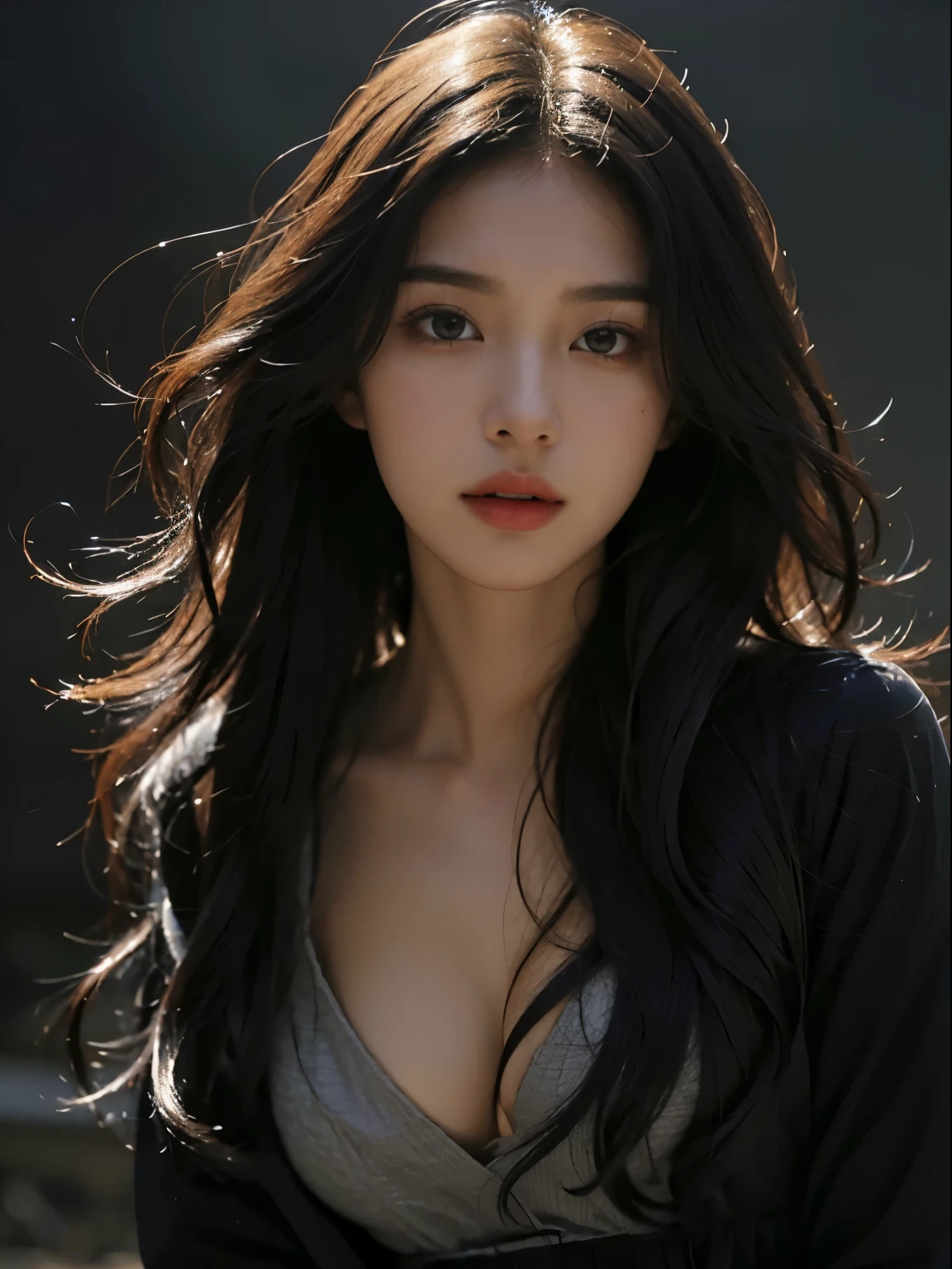 1girll, 175cm,Korean K-pop idol and model ,23 years old,Soft body, Jet black hair, Wavy hair,Whole body, Hair grows to the waist, Whole body,((Head to leg)),Close-up, 8K, RAW photo, Best quality, Masterpiece,Realistic, photo-realistic,Cute(Front focus), (In the dark:1.6), Surrealistic Female Portraits by David Hockney and Alphonse Mucha, Fantasy art, photograph realistic, Dynamic lighting, art stations, poster for, voluminetric lighting, Very detailed faces, 4 k'', Award-Awarded, 1girll, In the dark, deepshadow, low tune, Cowboy shot, (official outfit:1.4), Long hair