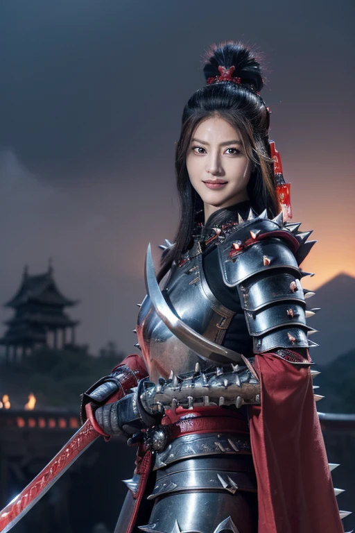 Highest quality, masterpiece, 16K, (raw photography, photorealistic, ultra-detailed, ultra-high resolution:1.3), (fantasy, medieval Japan:1.4), cinematic lighting, professional photo, (correct anatomy, perfect body, correct body proportion:1.5), dynamic, sharp focus, depth of field, (intricately detailed face, ultra-realistic skin texture:1.1), (from front:1.4), 1 girl, solo, ((cowboy shot:1.1)), looking at viewer, ((witch warlord:1.4)), black hair, short hair, (silver crown with 4 spikes:1.5), ultra-detailed eyes, ((red iris:1.4)), highly detailed nose and lips, beautiful nose, glossy lips, (expressive face:1.4), ((evil smile:1.3)), ((red samurai armor, emitting evil aura:1.5)), ((black cape:1.2)), (slender, beautiful breast:1.3), (perfect body proportion:1.4), during a battle and massacre, (wielding a cursed katana:1.5), (((midnight, crescent on the sky, outdoor:1.1))), (((accompanied with her own army:1.5))), ((burning and destroyed castle in background:1.4)),