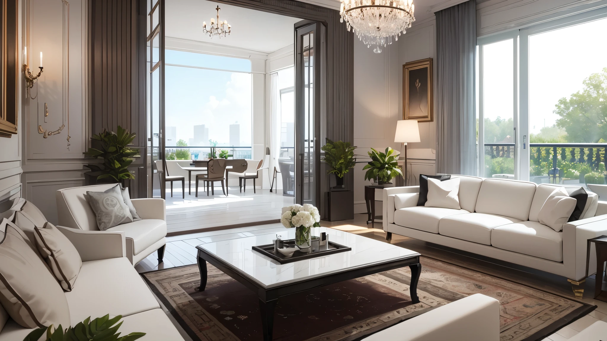 You are a famous interior designer、You have been asked to create a 3D image of a modern large room. Create a harmonious environment with modern and minimalist furniture. Including garden interior.