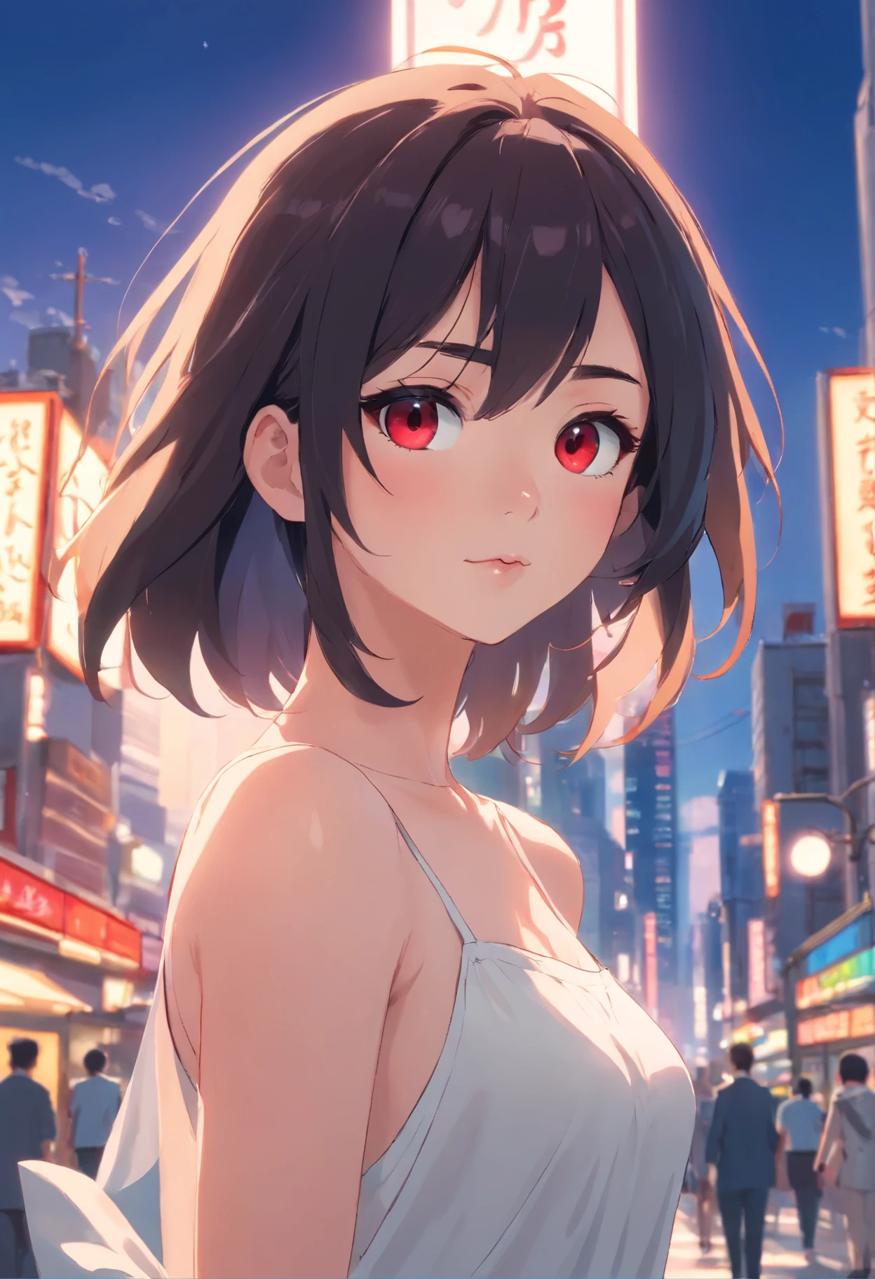Caricatura detallada, Young white girl with black straight hair and crimson eyes, piel blanca de porcelana, Cuerpo completo, pechos grandes con vestido blanco de gala, alta calidad, High resolution, 8k, Disco duro, (Well-designed body), Amazing body, (Super detailed), Hermosos ojos, ultra detallado, ultraealista
